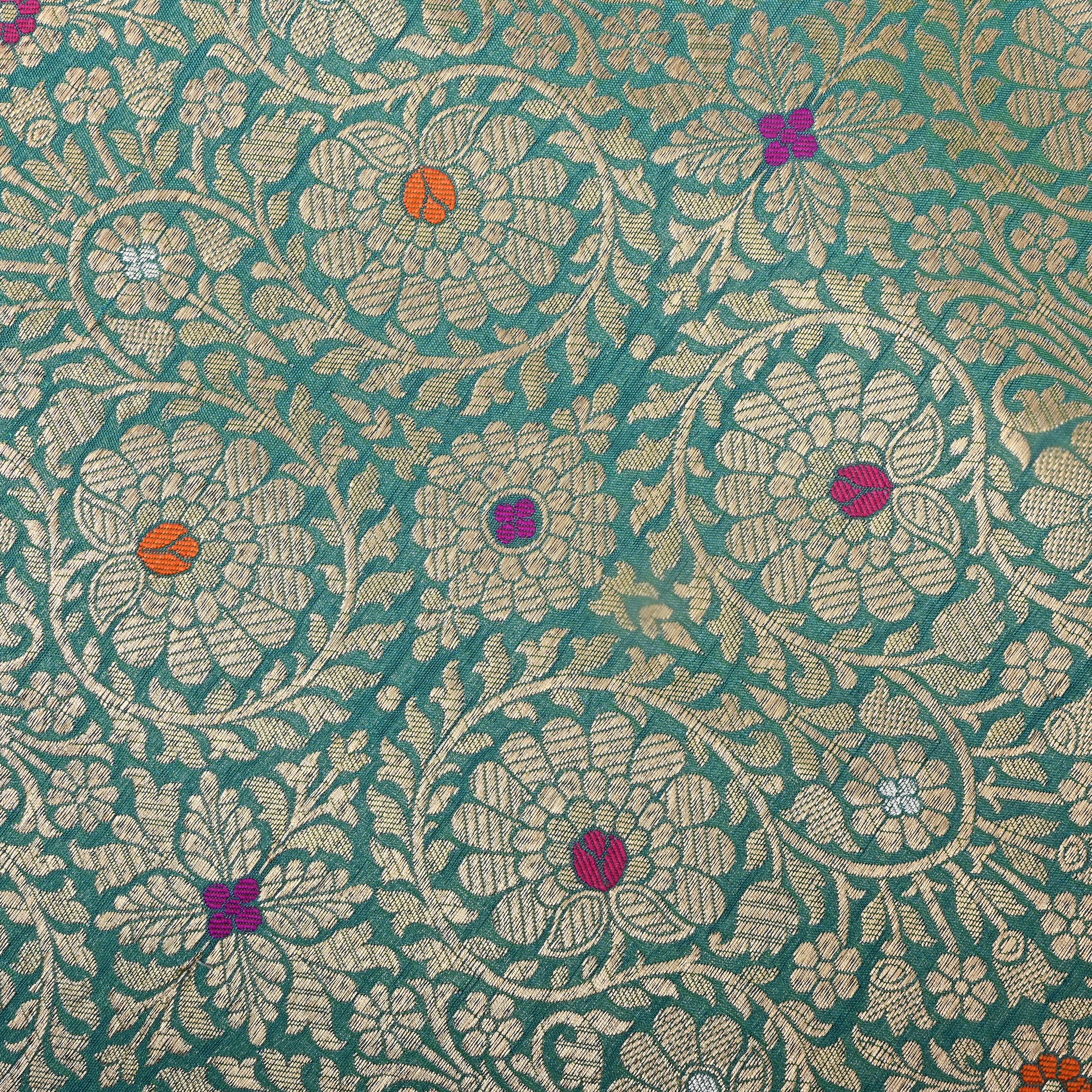 Aquamarine Blue Floral Jamawar Silk Fabric