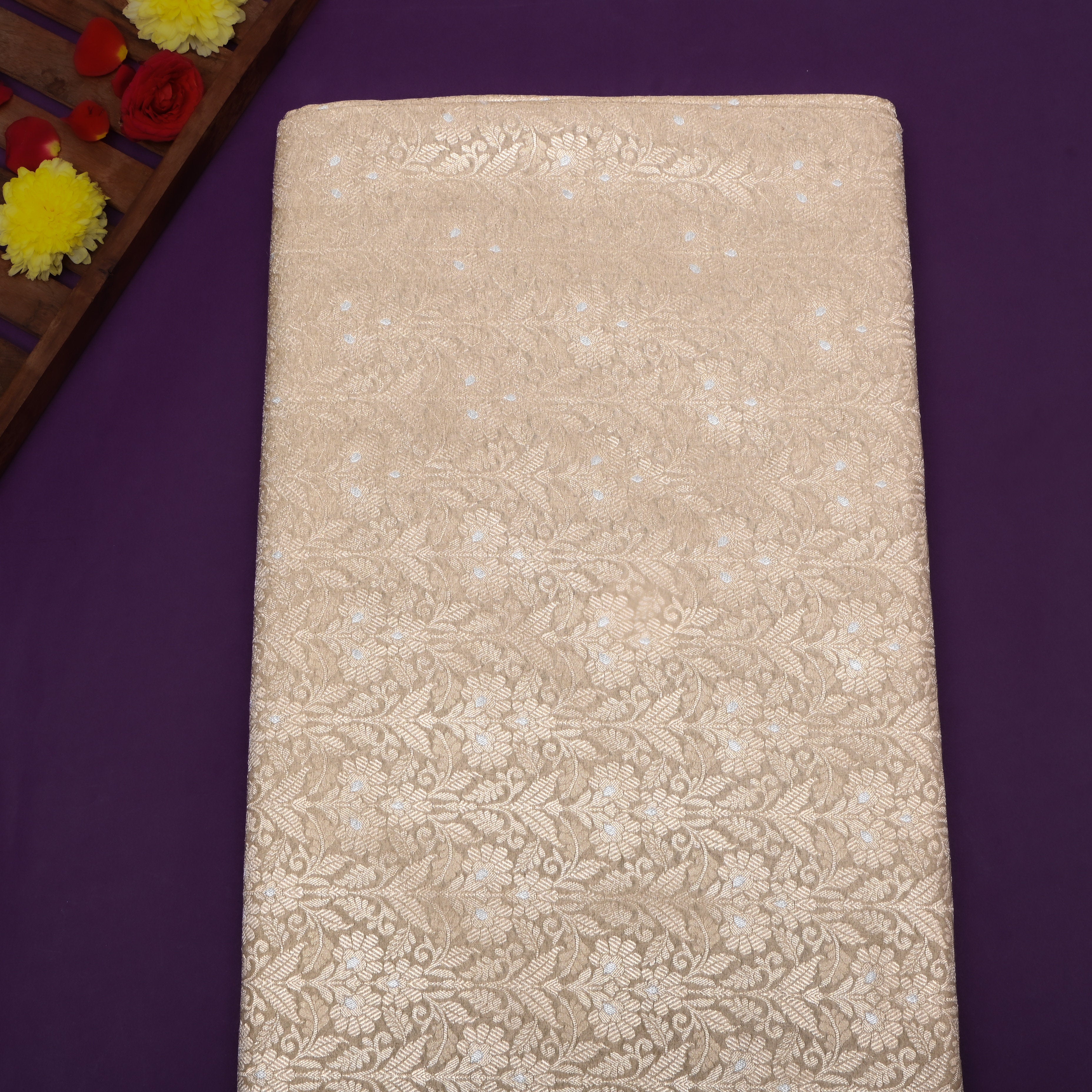 Ivory Zari Woven Jamawar Silk Fabric