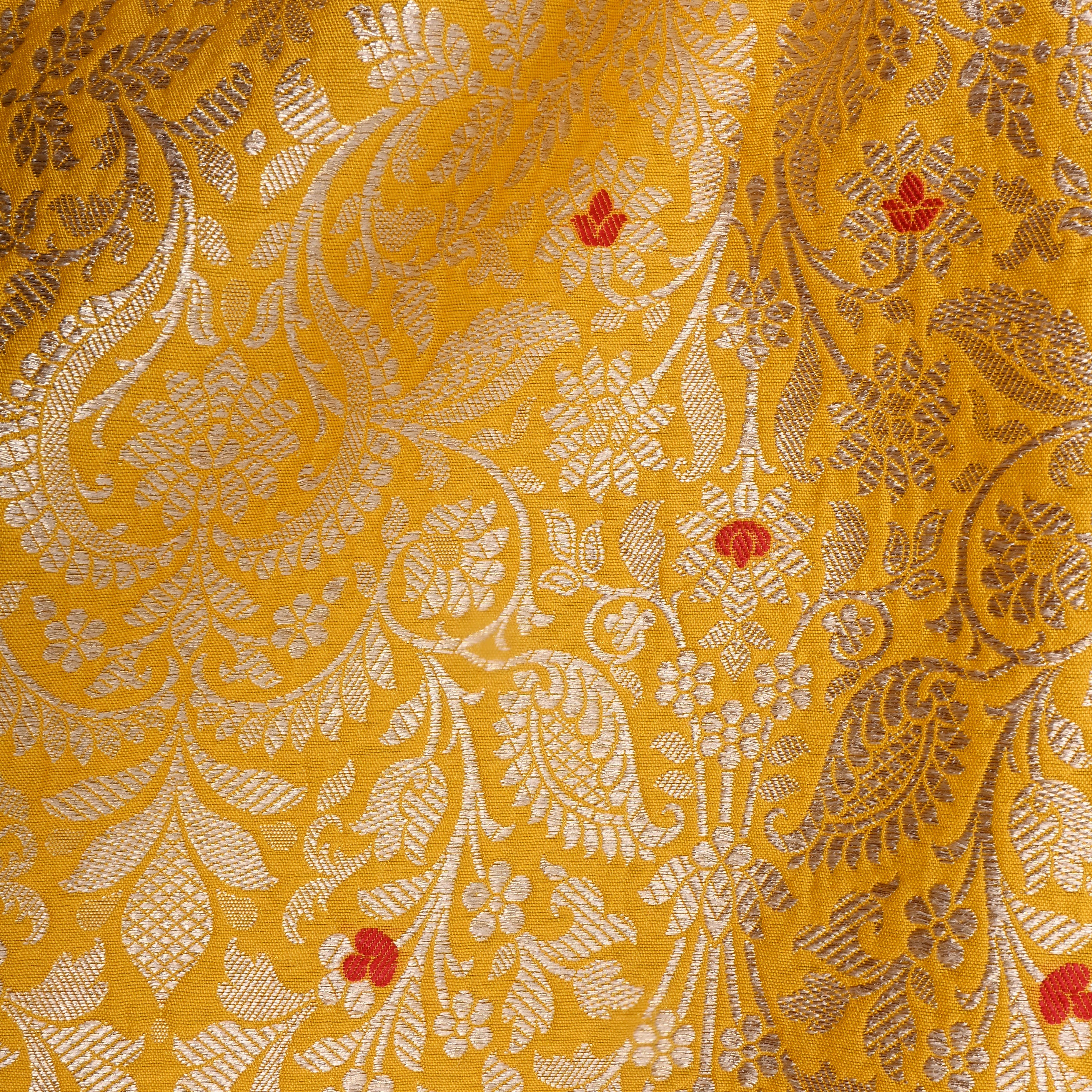 Turmeric Yellow Jamawar Silk Floral Zari Fabric