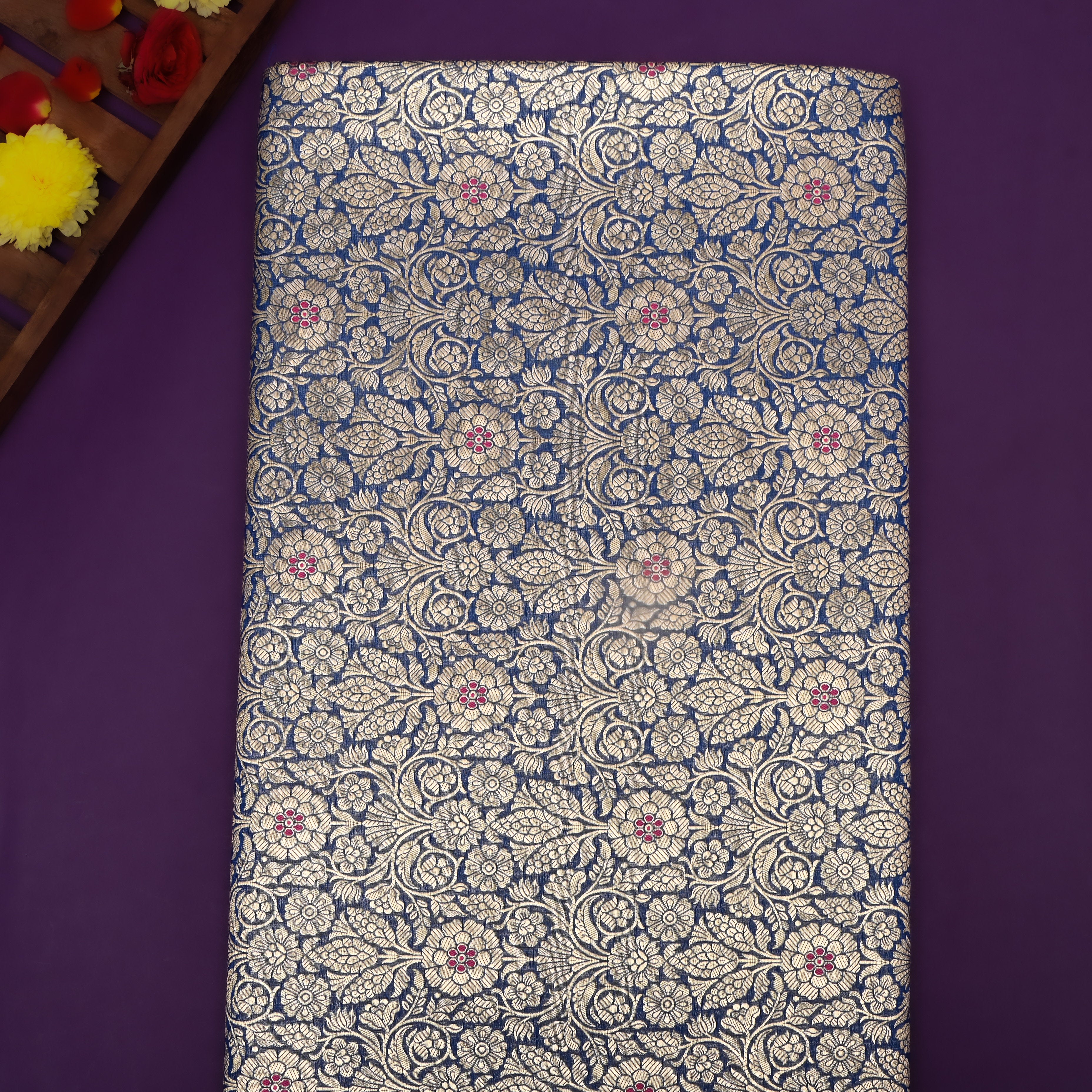 Classic Blue Floral Jamawar Silk Fabric