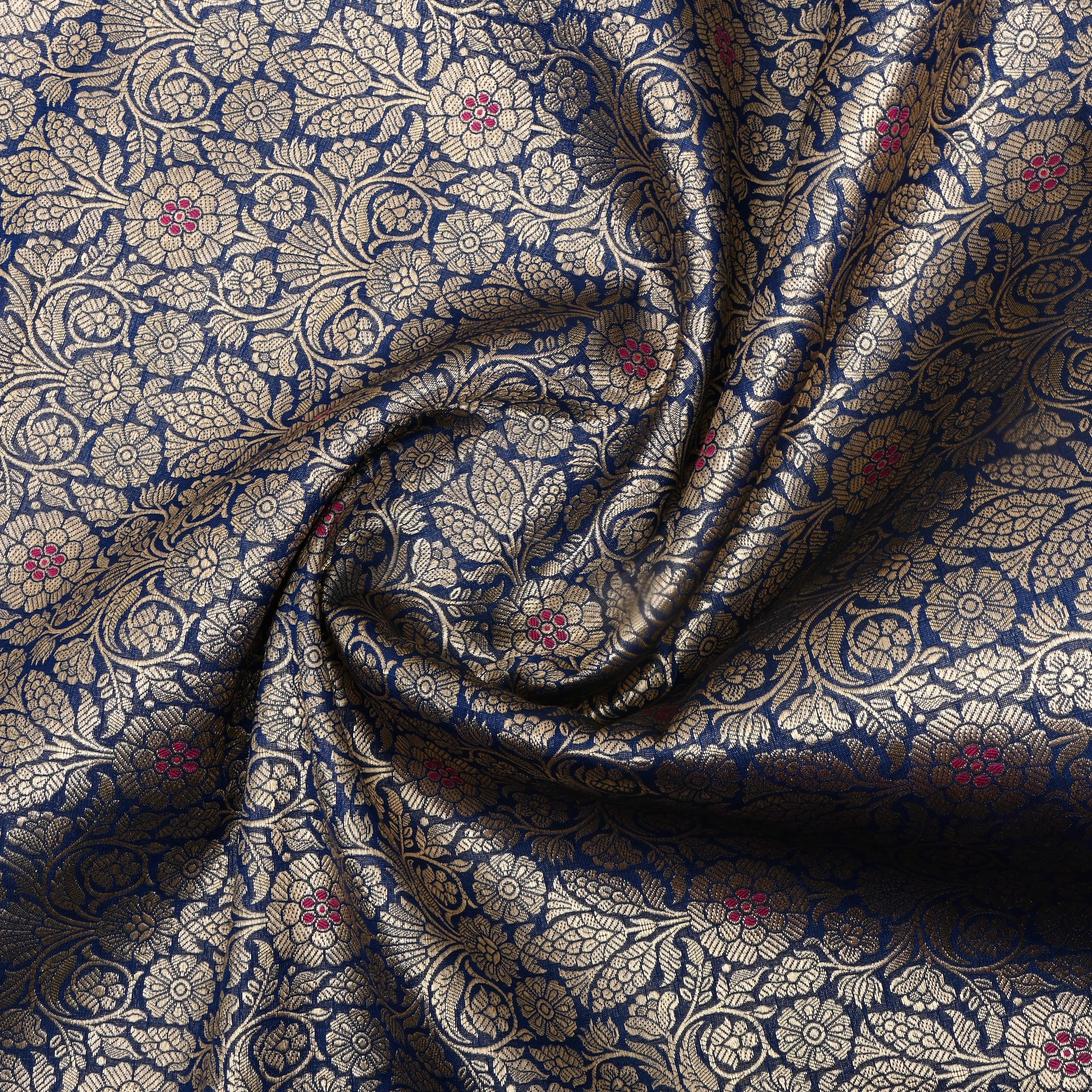 Classic Blue Floral Jamawar Silk Fabric
