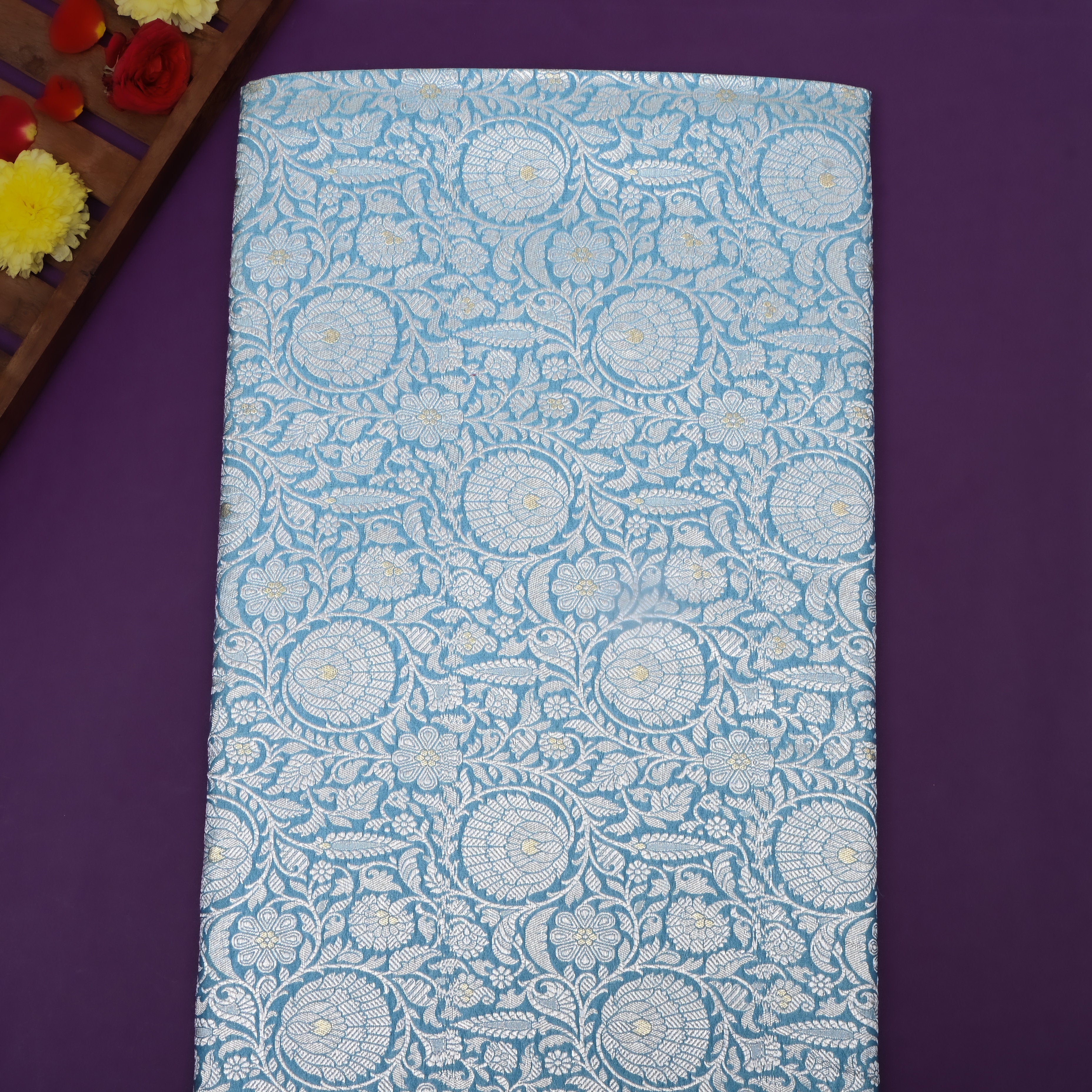 Aqua Blue Zari Woven Jamawar Silk Fabric