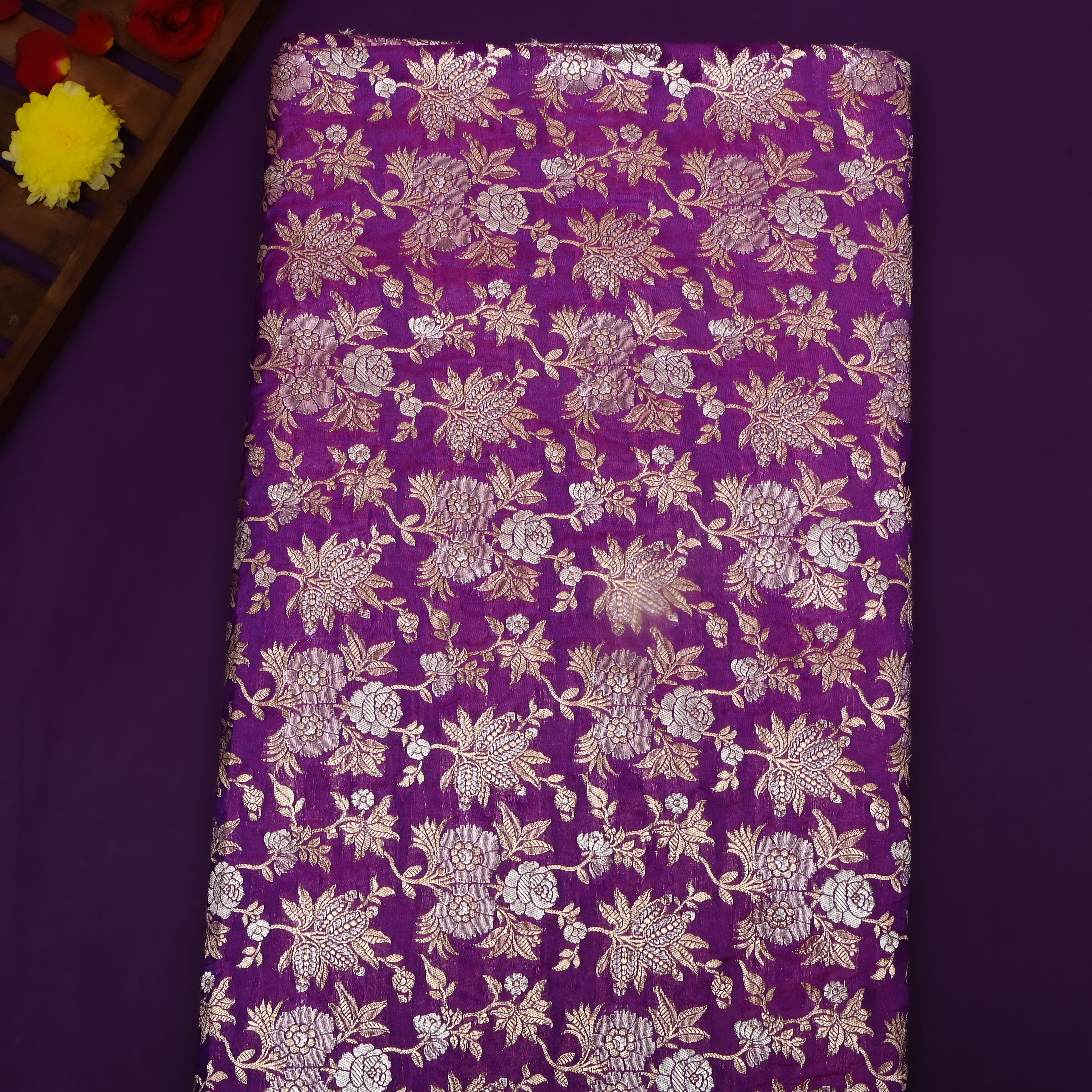 Bright Purple Floral Jamawar Silk Fabric