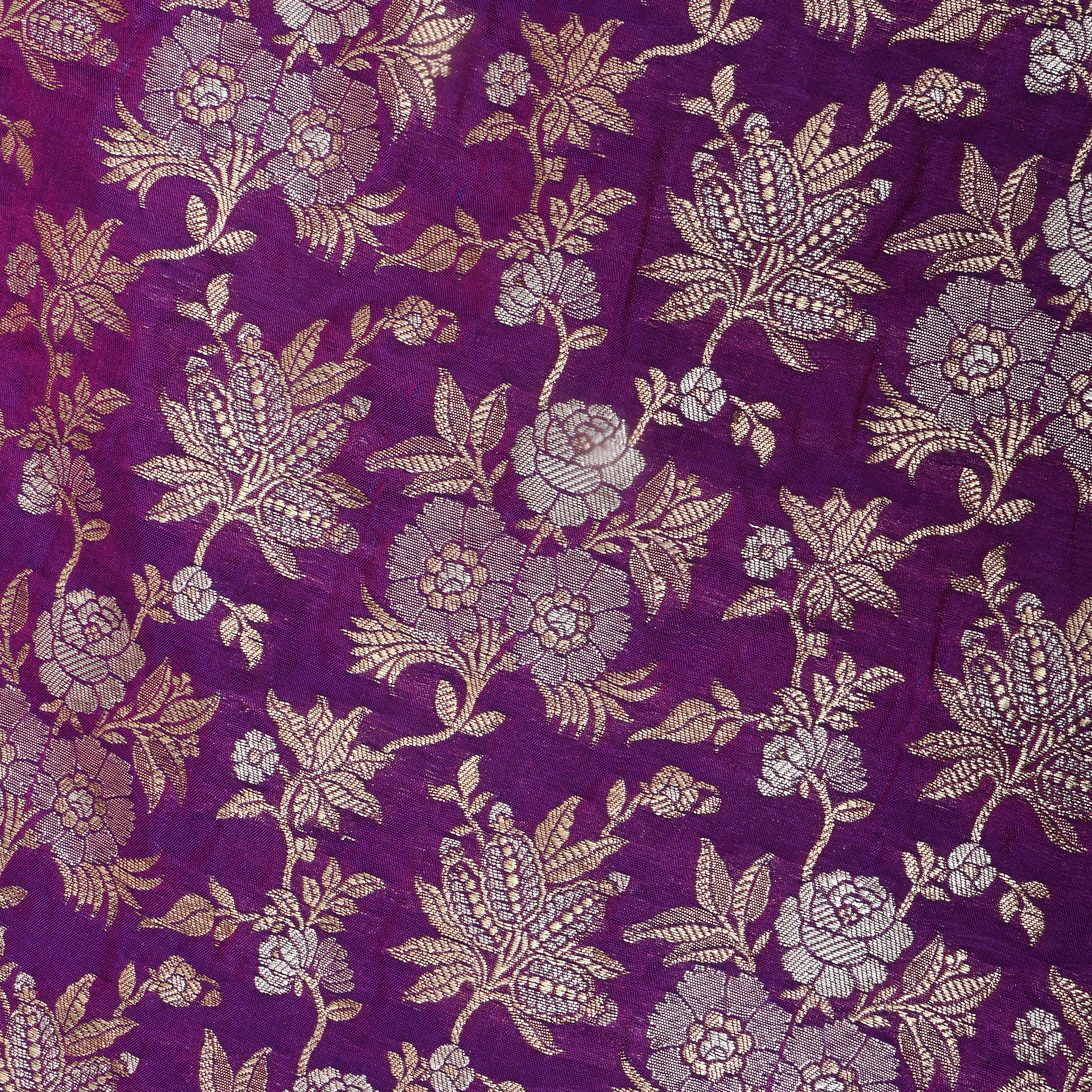 Bright Purple Floral Jamawar Silk Fabric