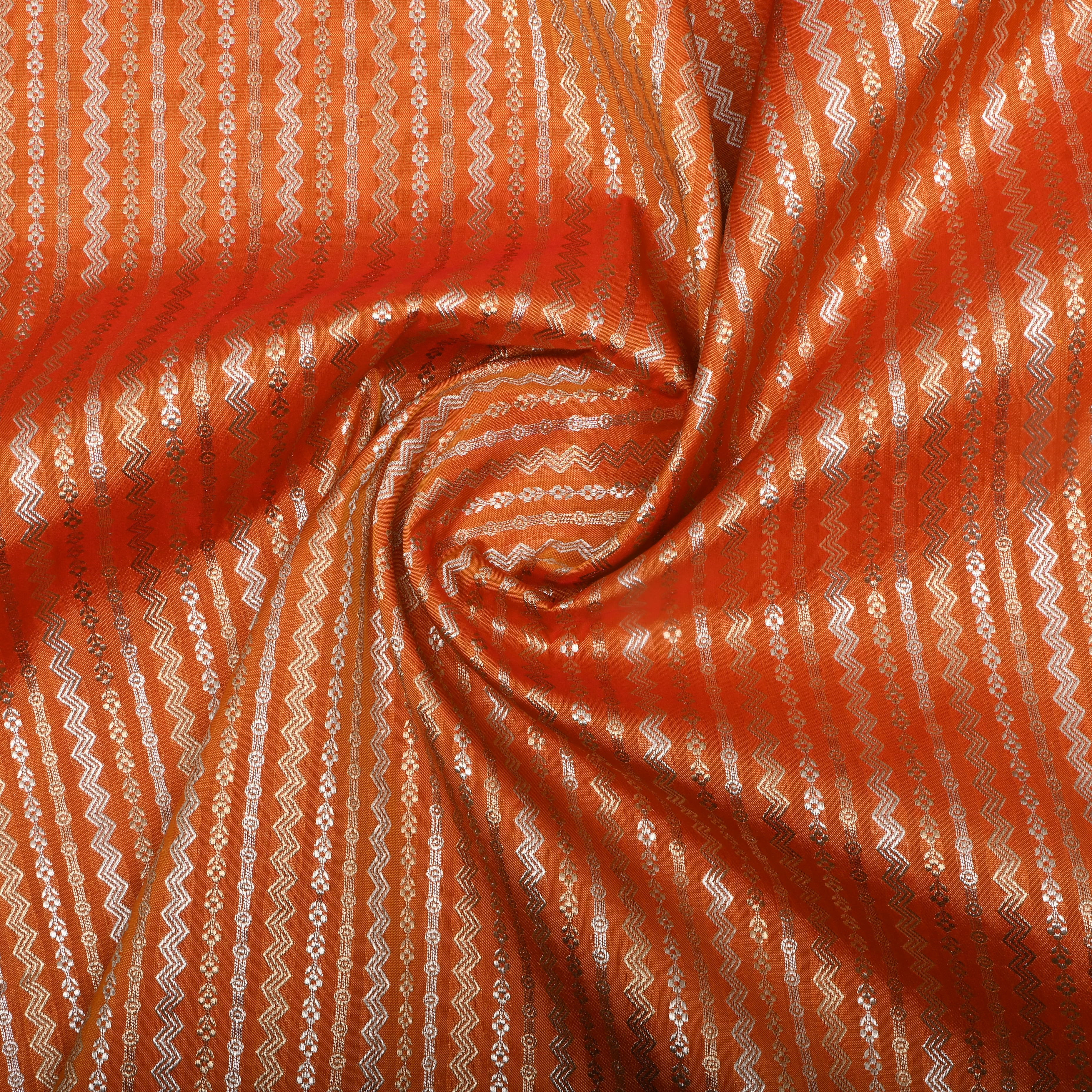 Bright Orange Dual Zari Woven Jamawar Silk Fabric