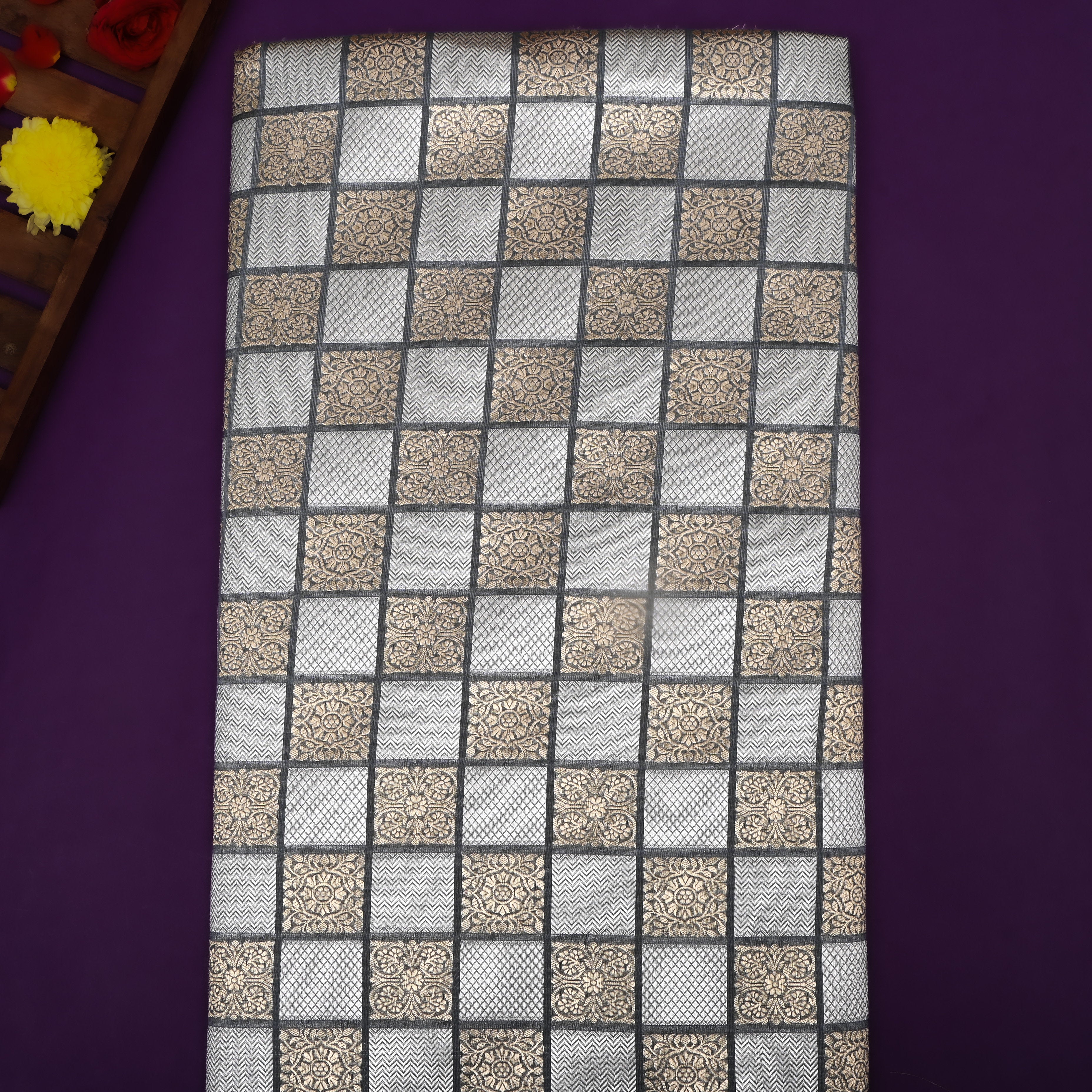 Charcoal Grey Floral And Chevron Jamawar Silk Fabric