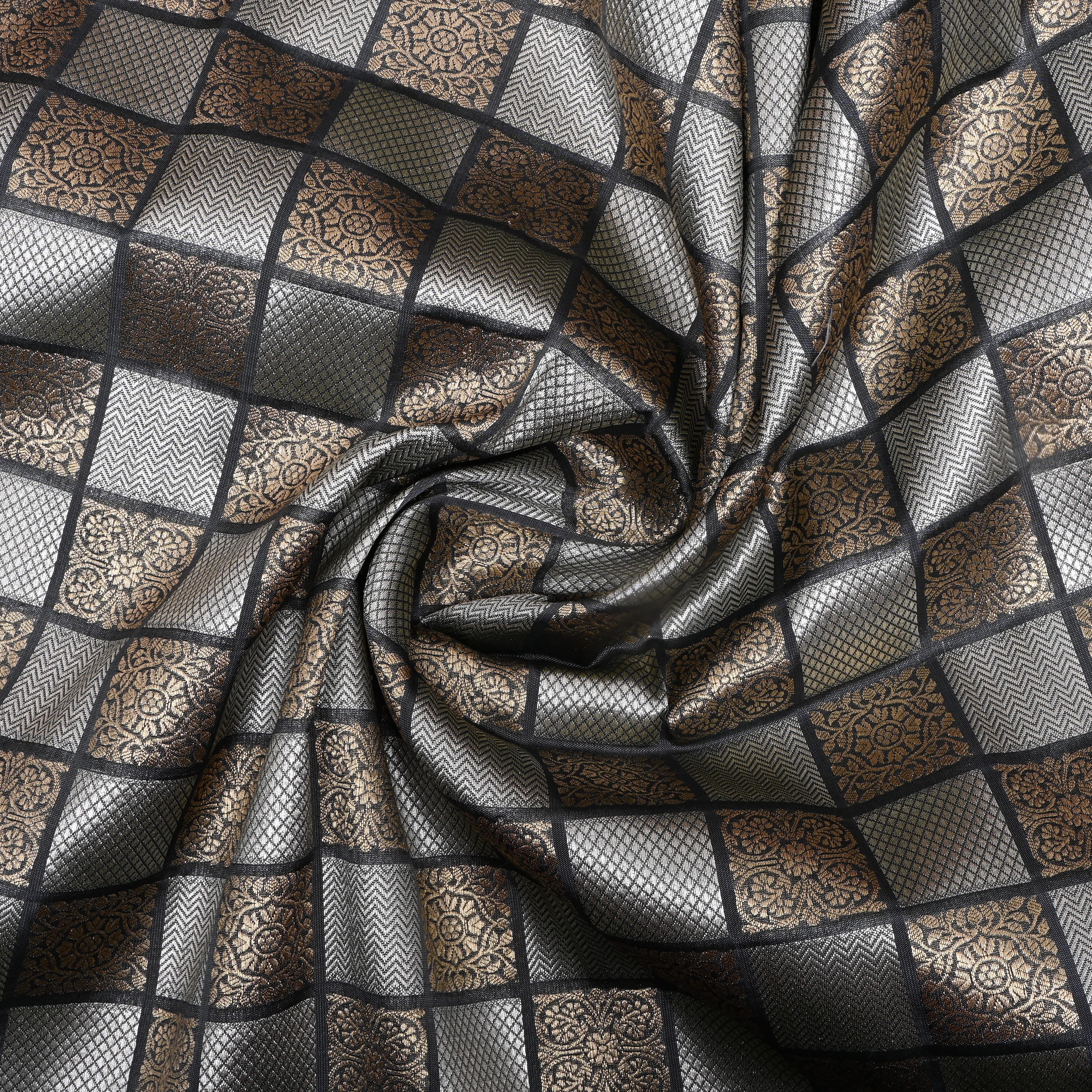 Charcoal Grey Floral And Chevron Jamawar Silk Fabric