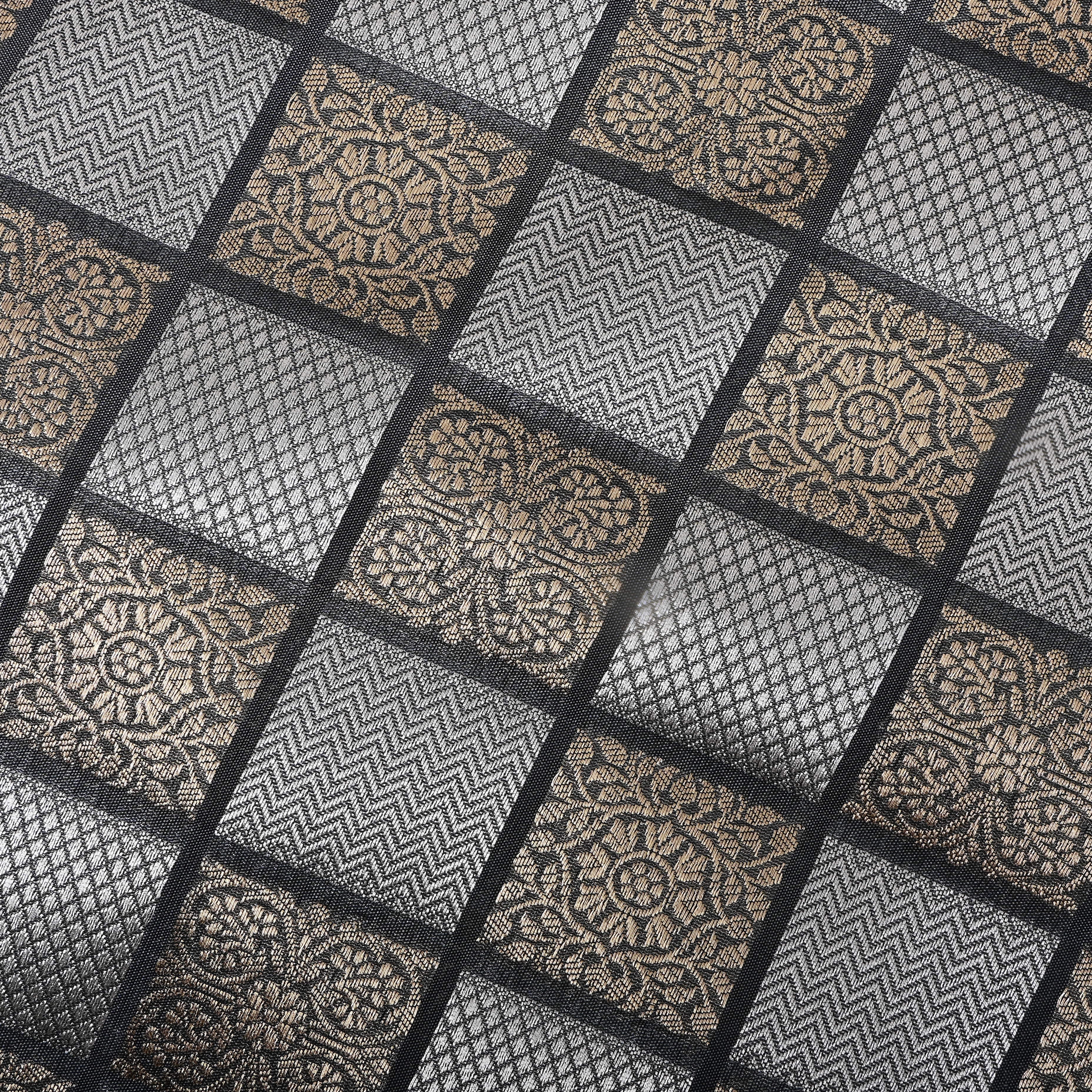 Charcoal Grey Floral And Chevron Jamawar Silk Fabric