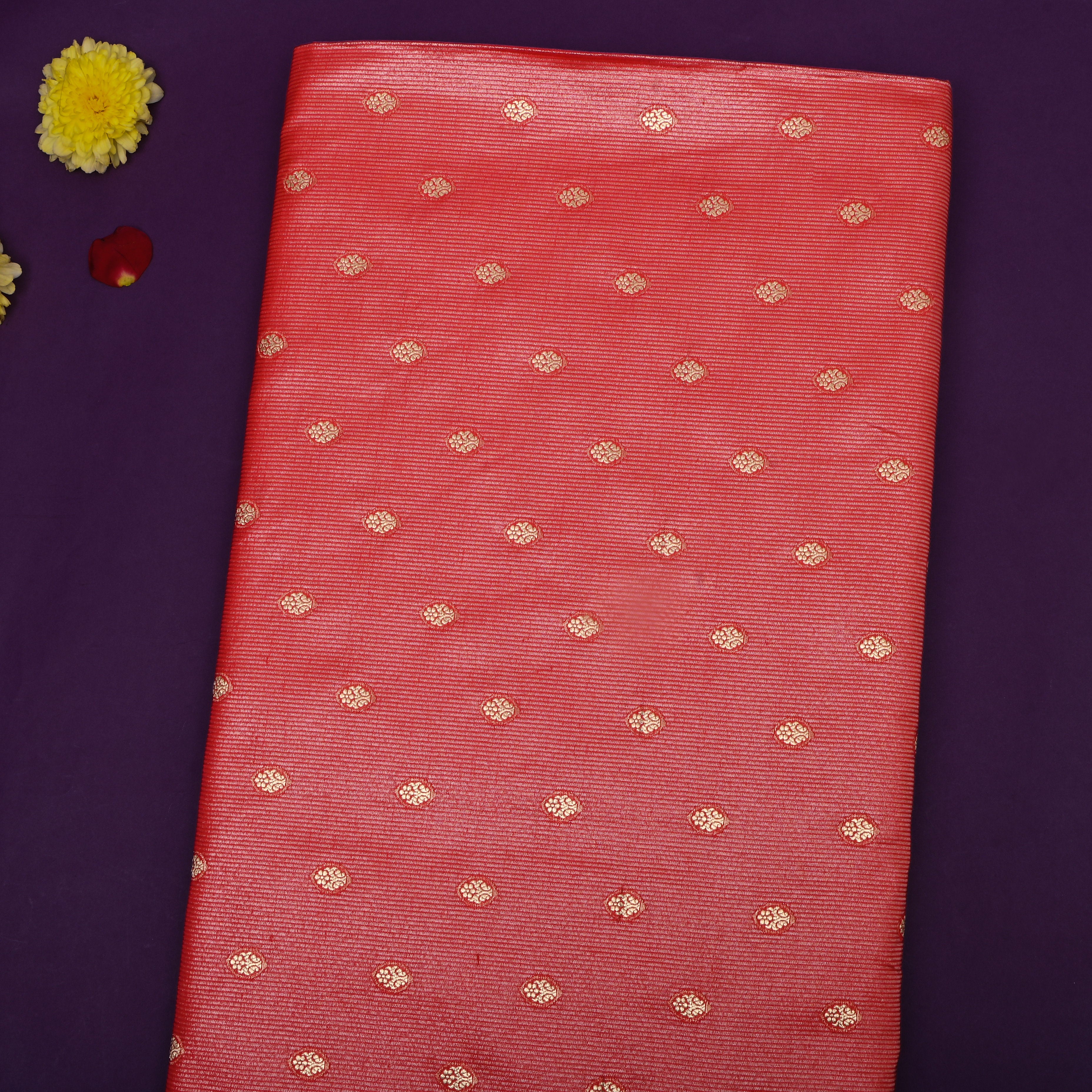 Peach Pink Floral Jamawar Silk Fabric