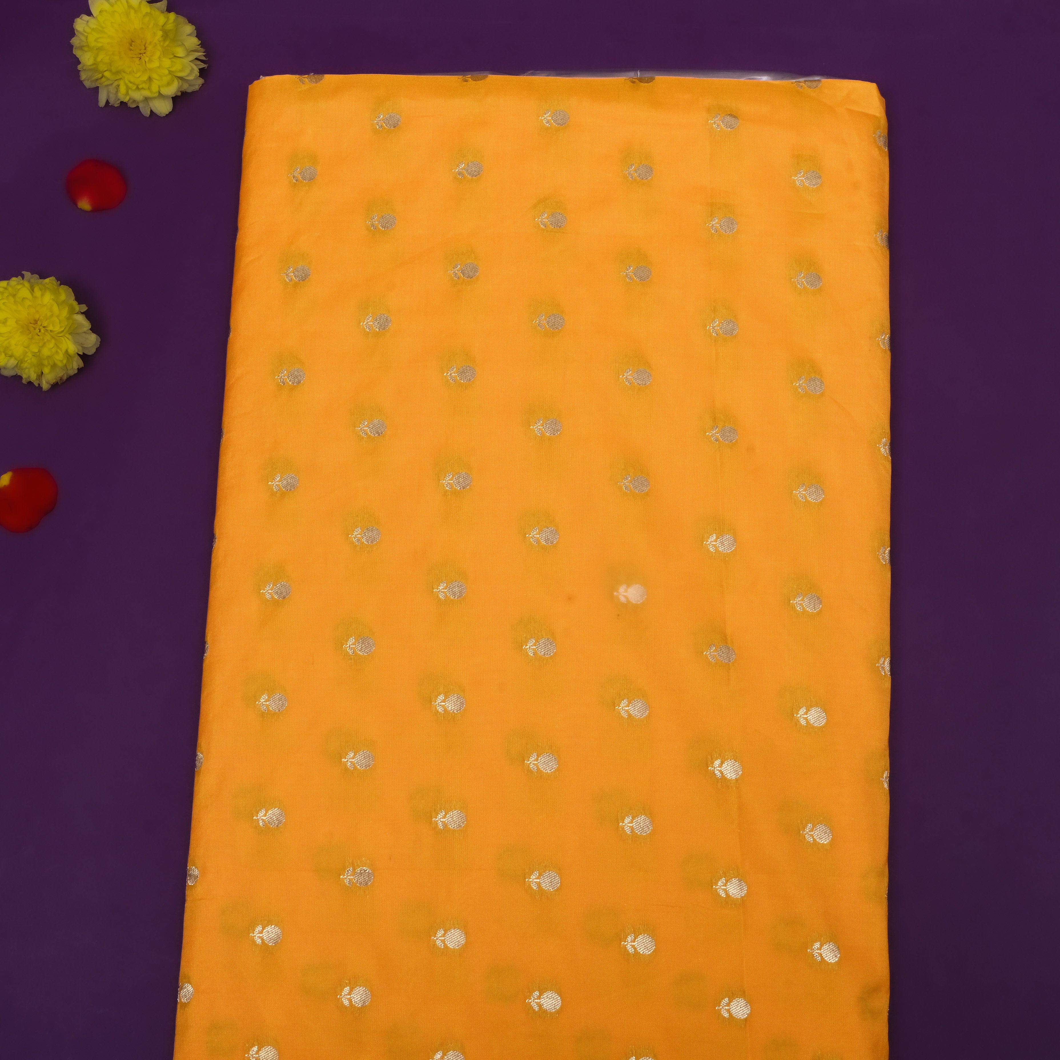 Bright Yellow Floral Woven Jamawar Silk Fabric