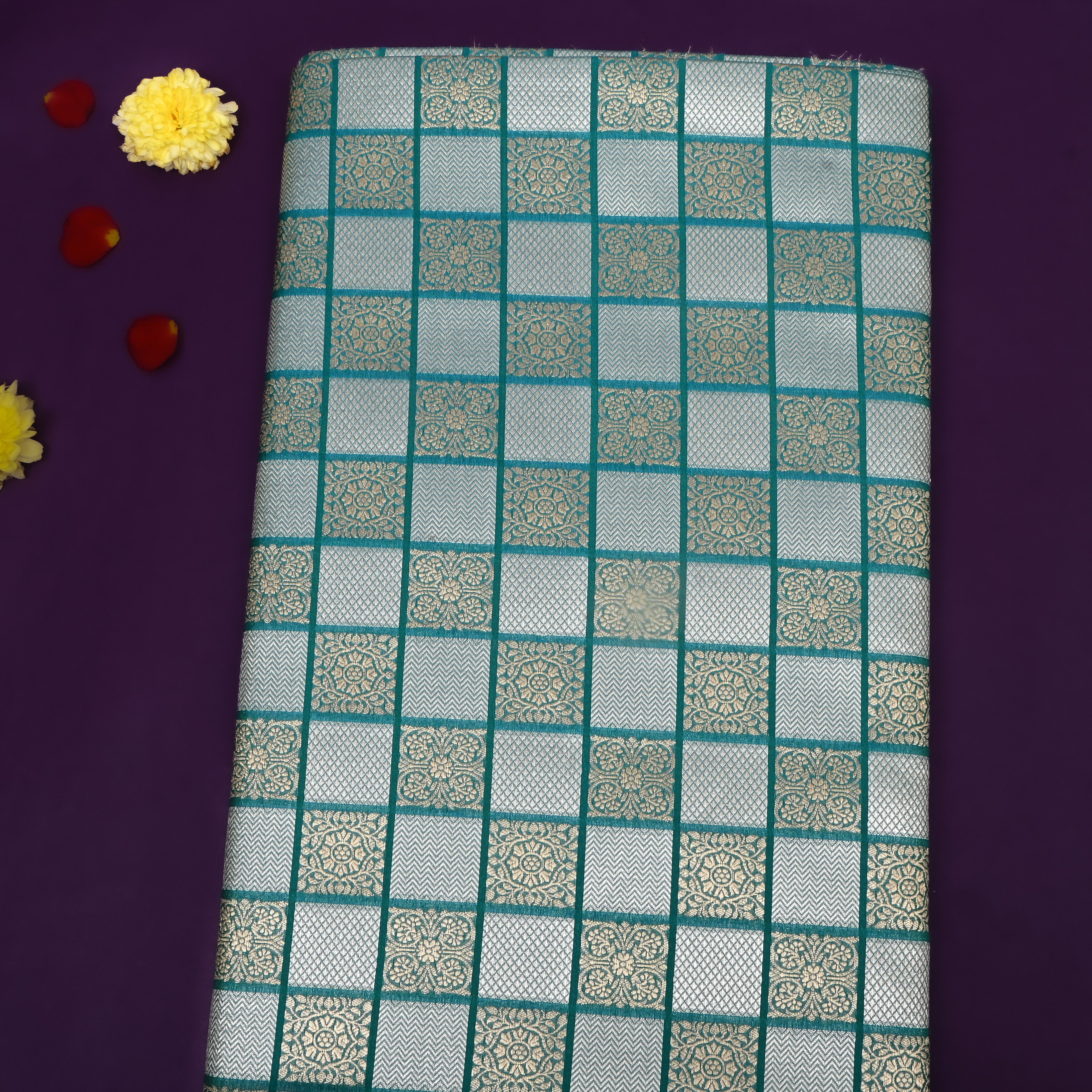 Teal Blue Floral And Chevron Jamawar Silk Fabric