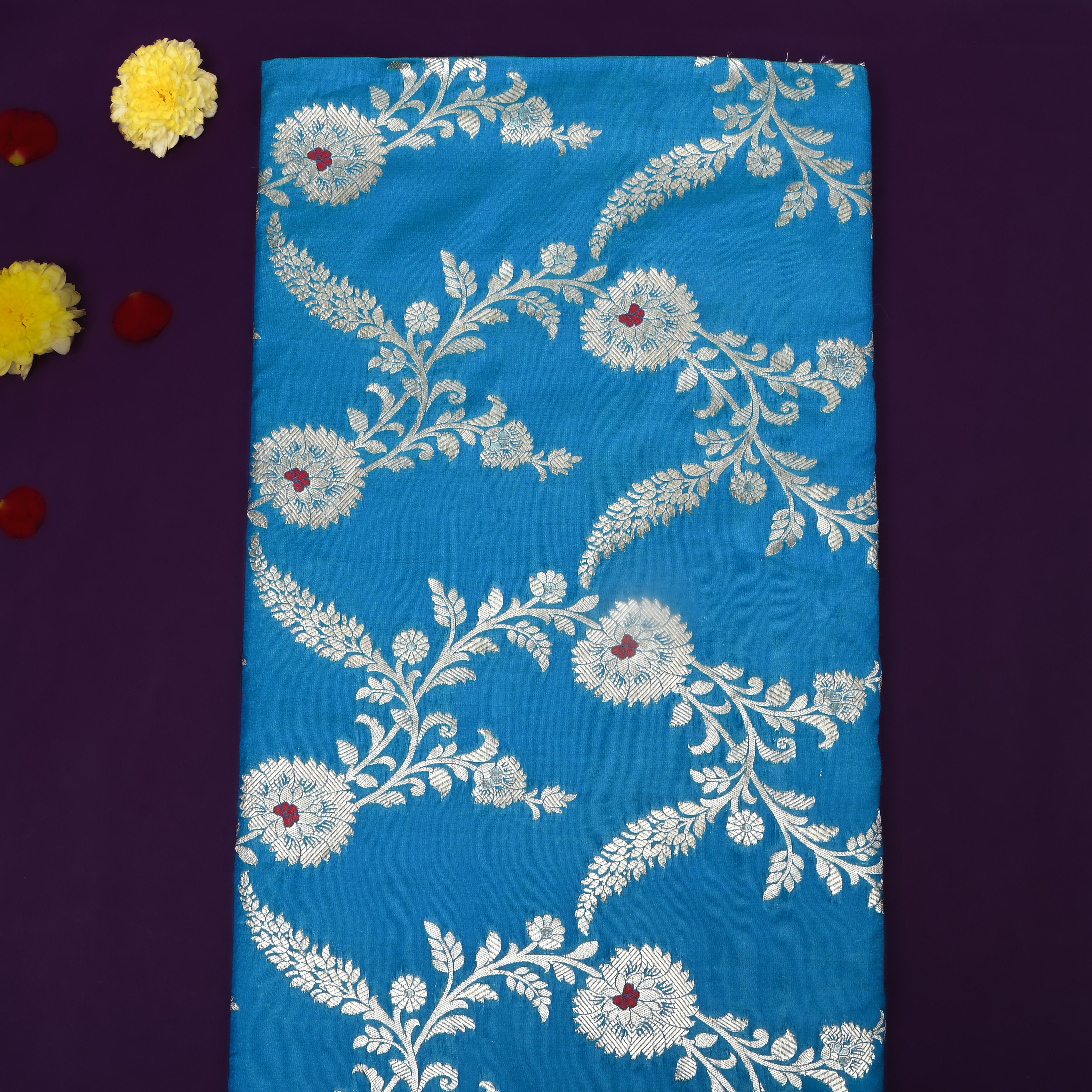 Azure Blue Floral Zari Woven Jamawar Silk Fabric