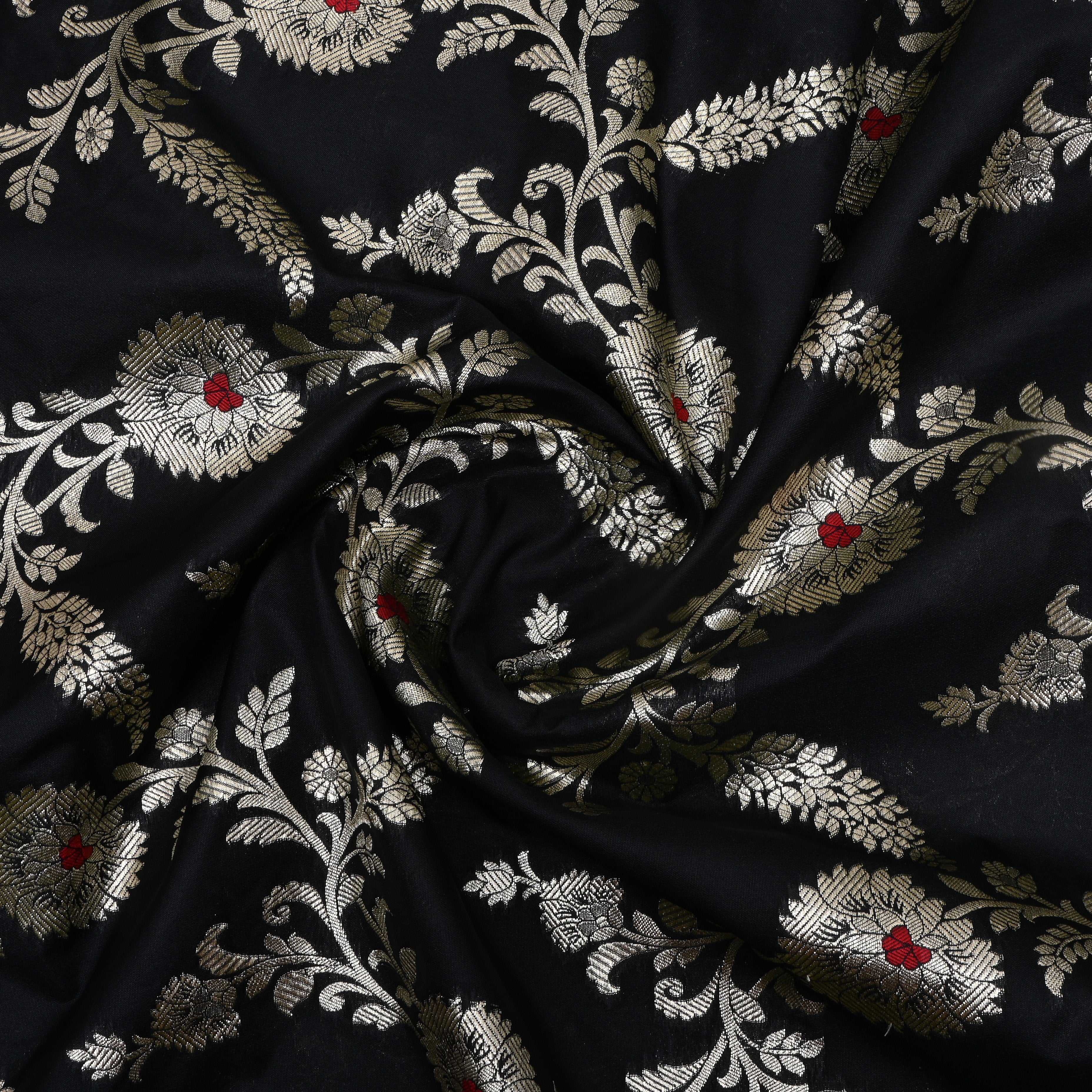 Black Floral Zari Jamawar Silk Fabric