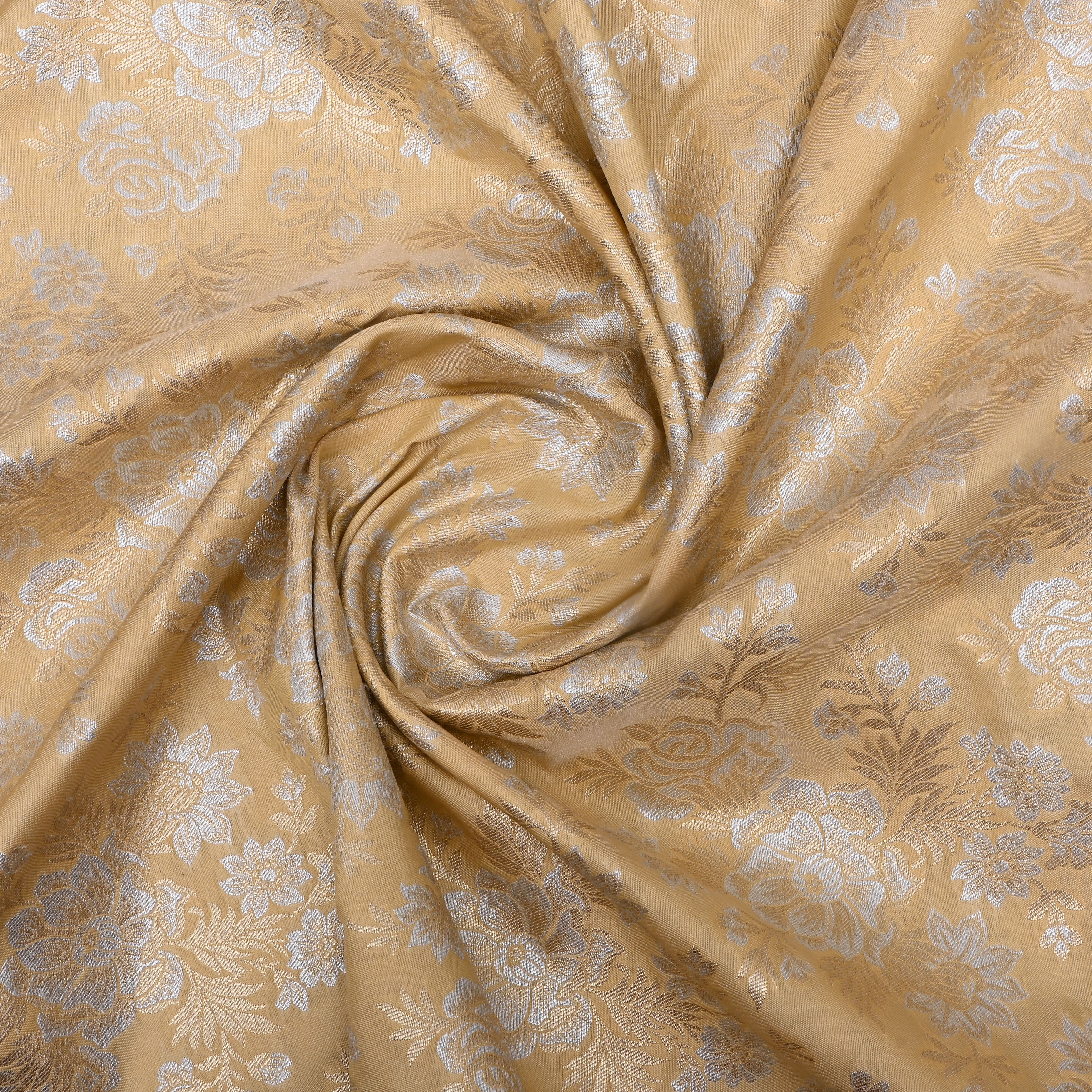 Cream Floral Zari Woven Jamawar Silk Fabric
