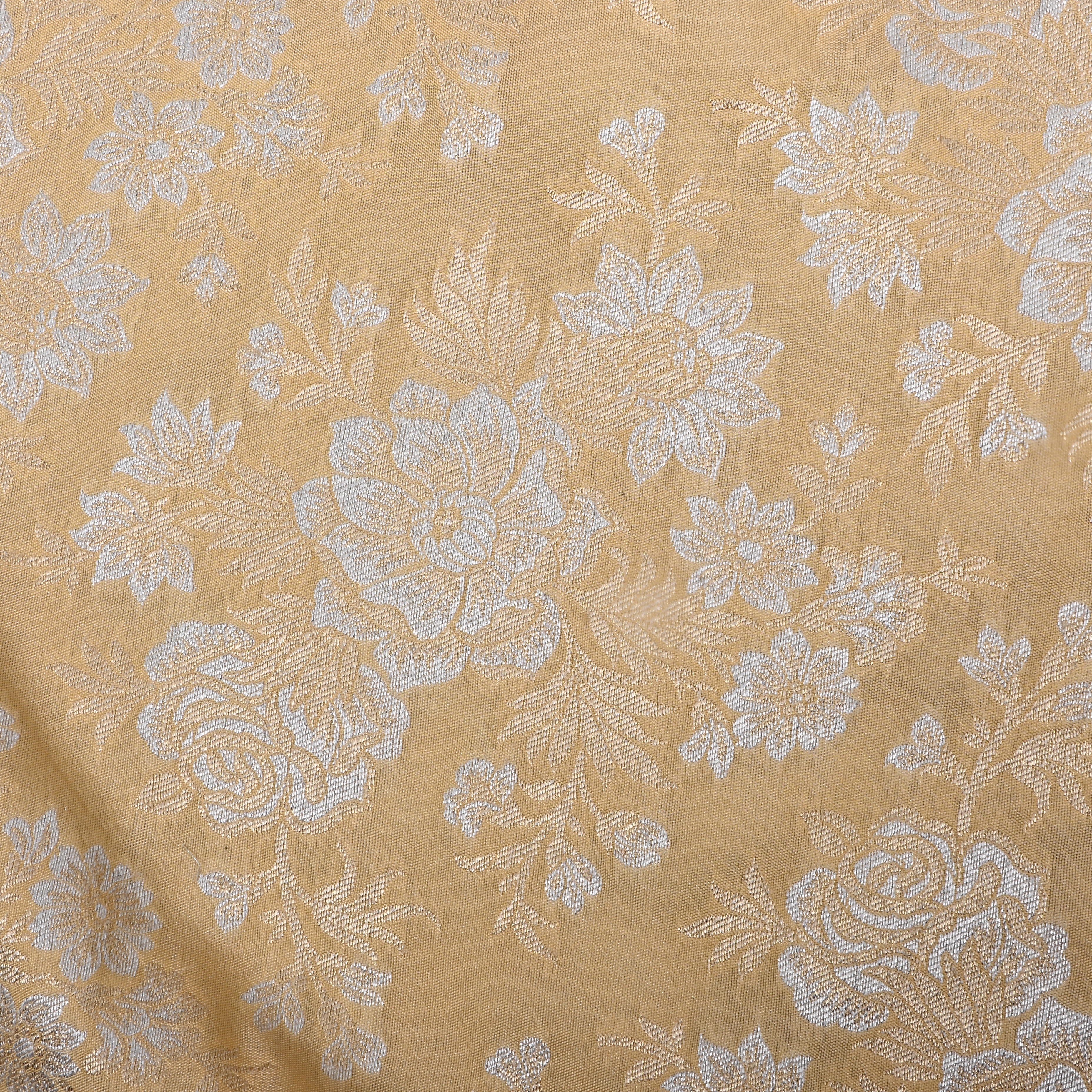Cream Floral Zari Woven Jamawar Silk Fabric