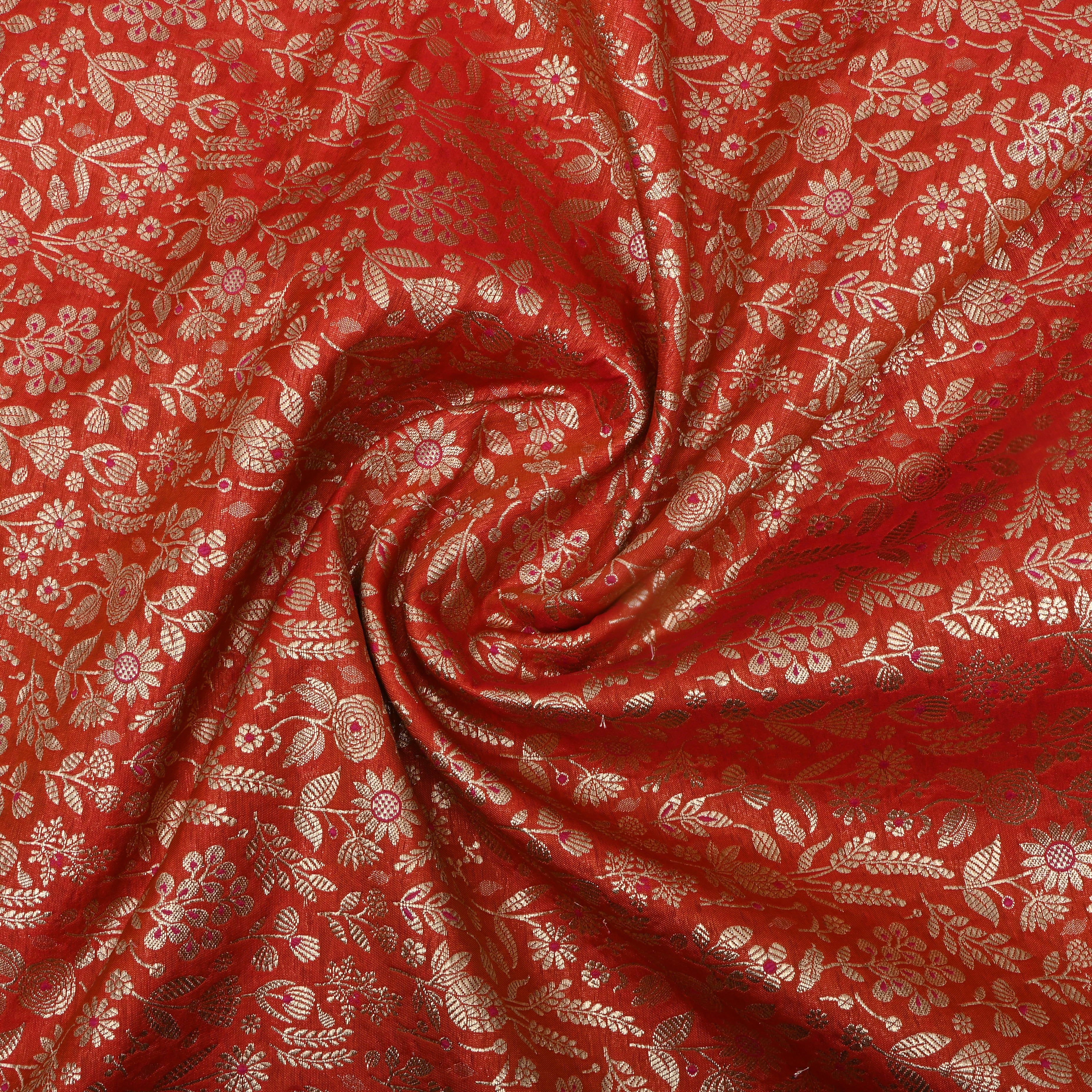 Rich Orange Floral Jamawar Silk Fabric