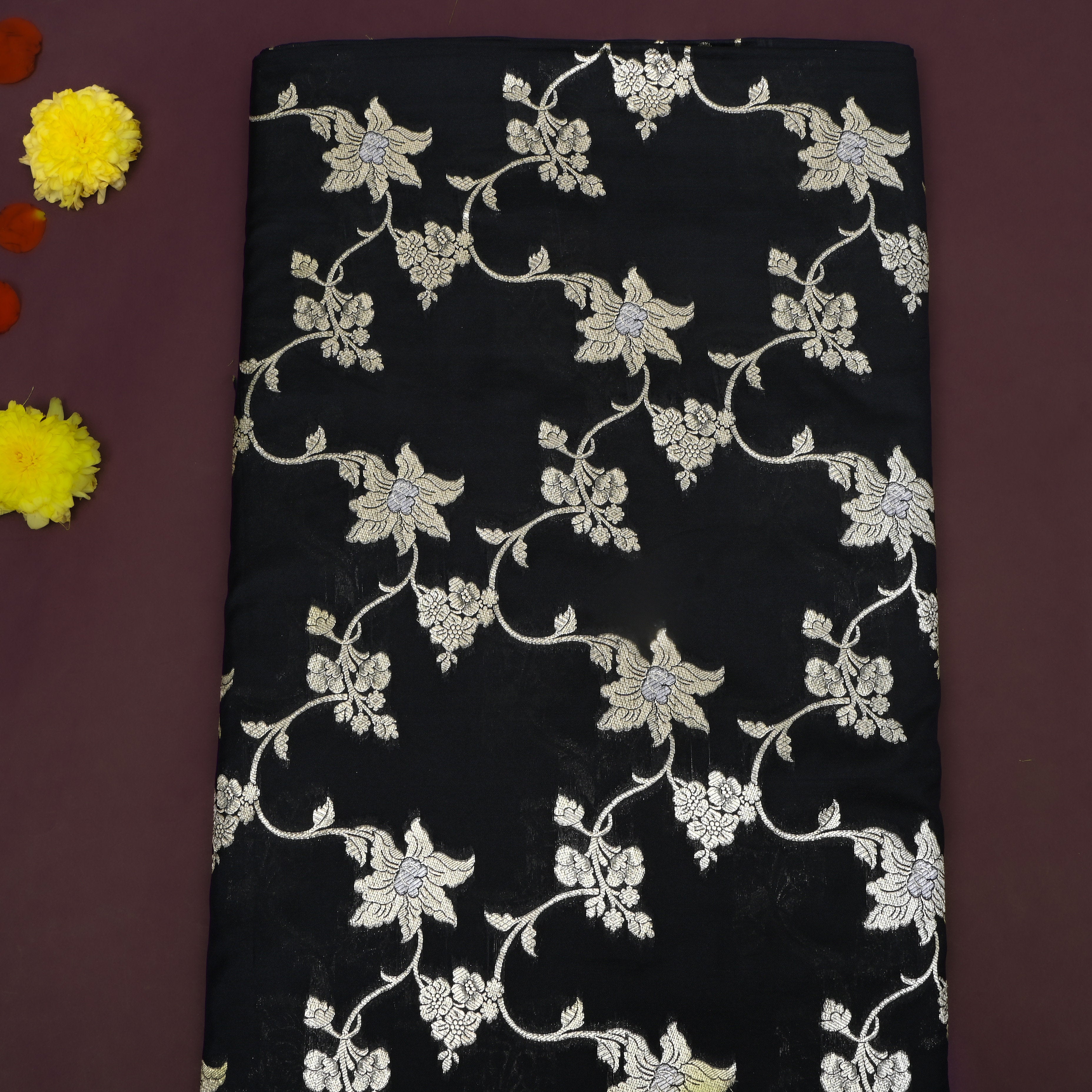 Soft Black Floral Zari Weave Jamawar Silk Fabric