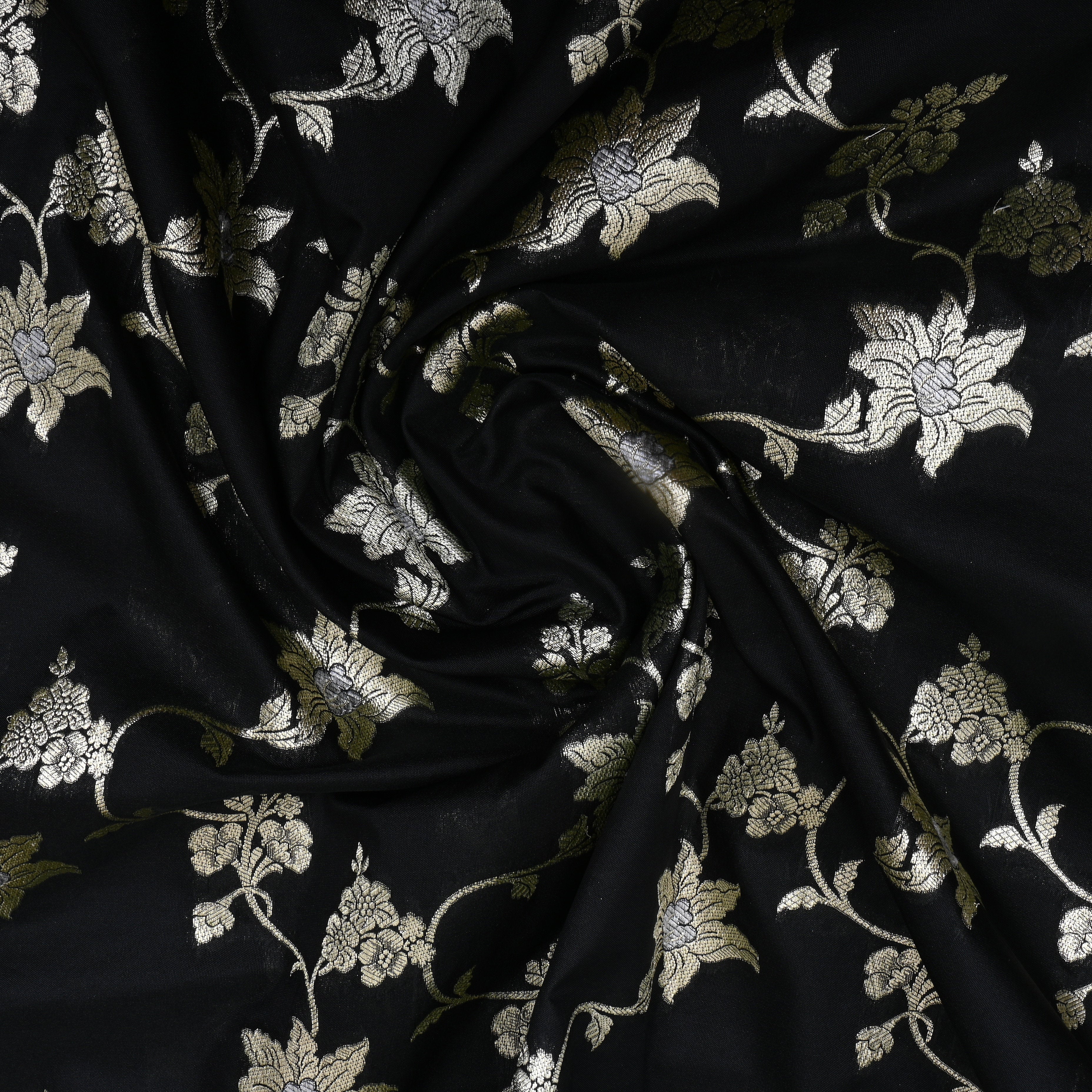 Soft Black Floral Zari Weave Jamawar Silk Fabric