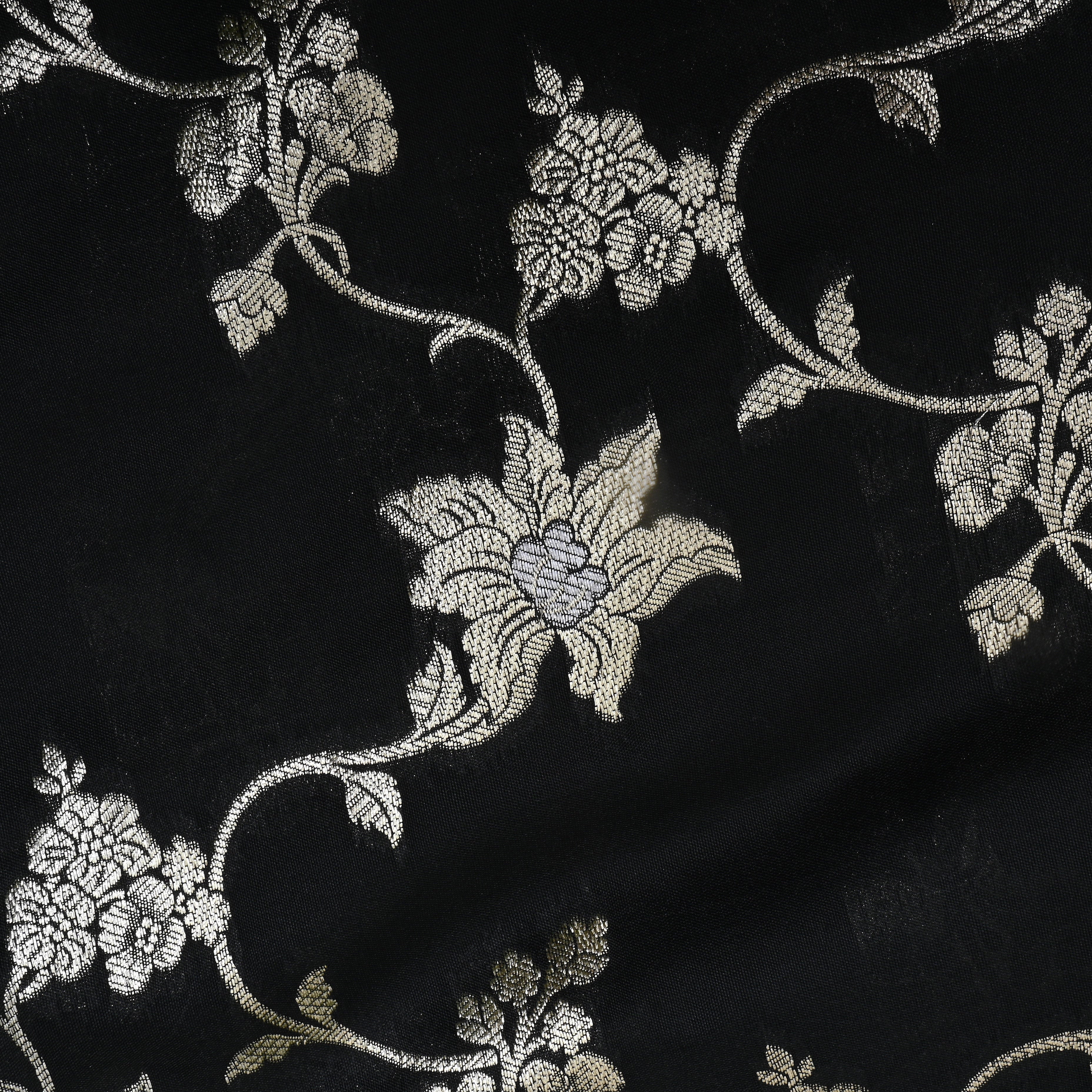Soft Black Floral Zari Weave Jamawar Silk Fabric