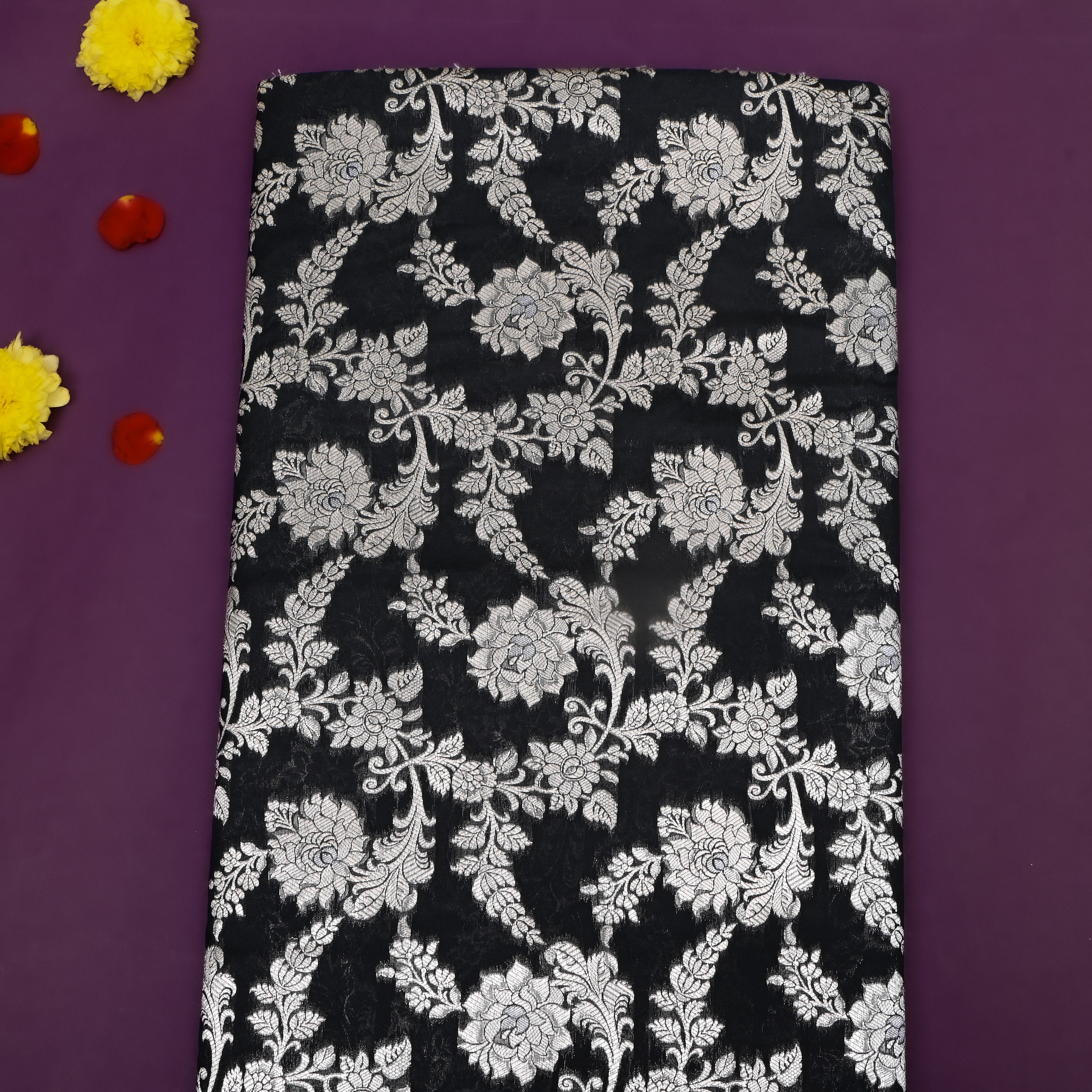 Smoky Black Floral Zari Weave Jamawar Silk Fabric