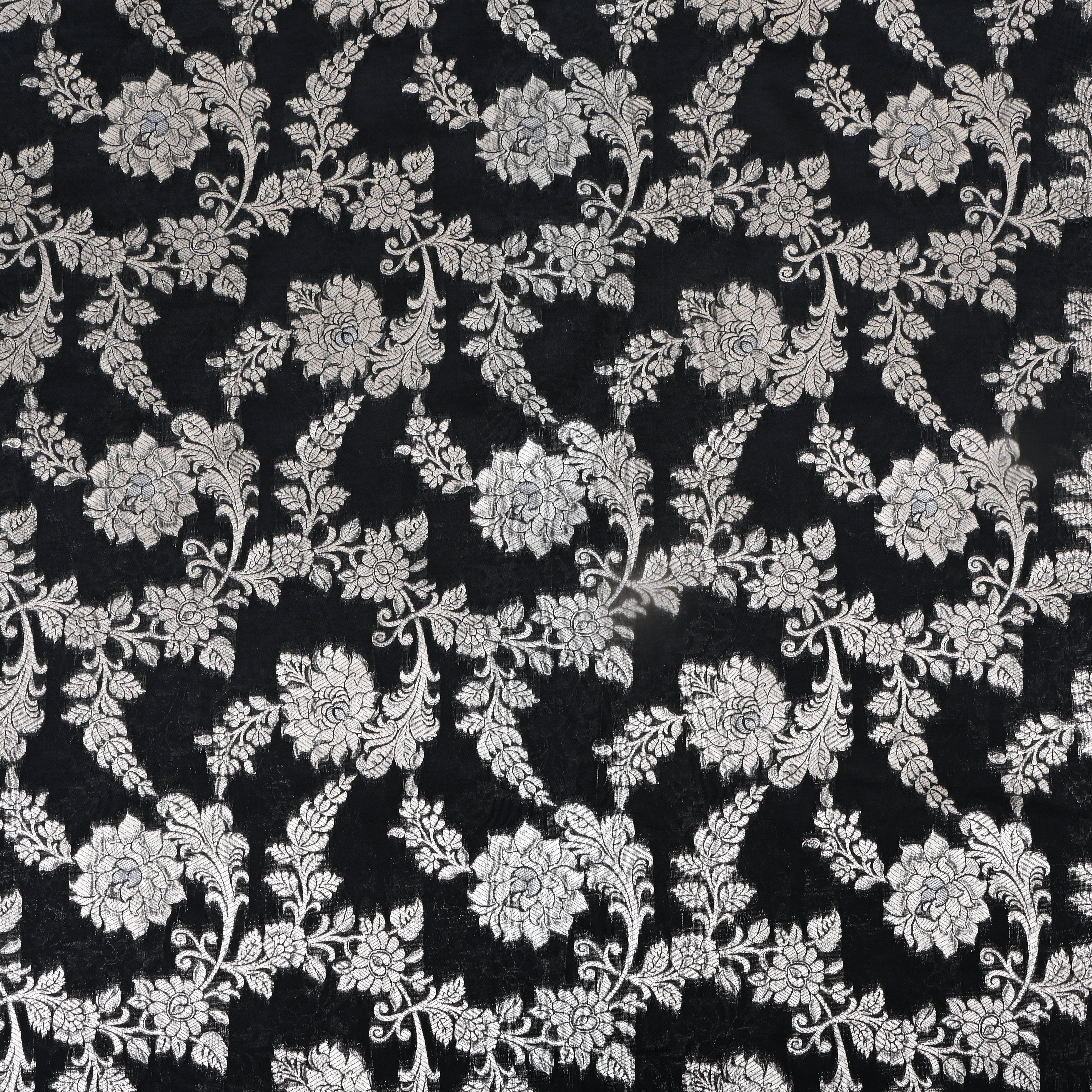 Smoky Black Floral Zari Weave Jamawar Silk Fabric