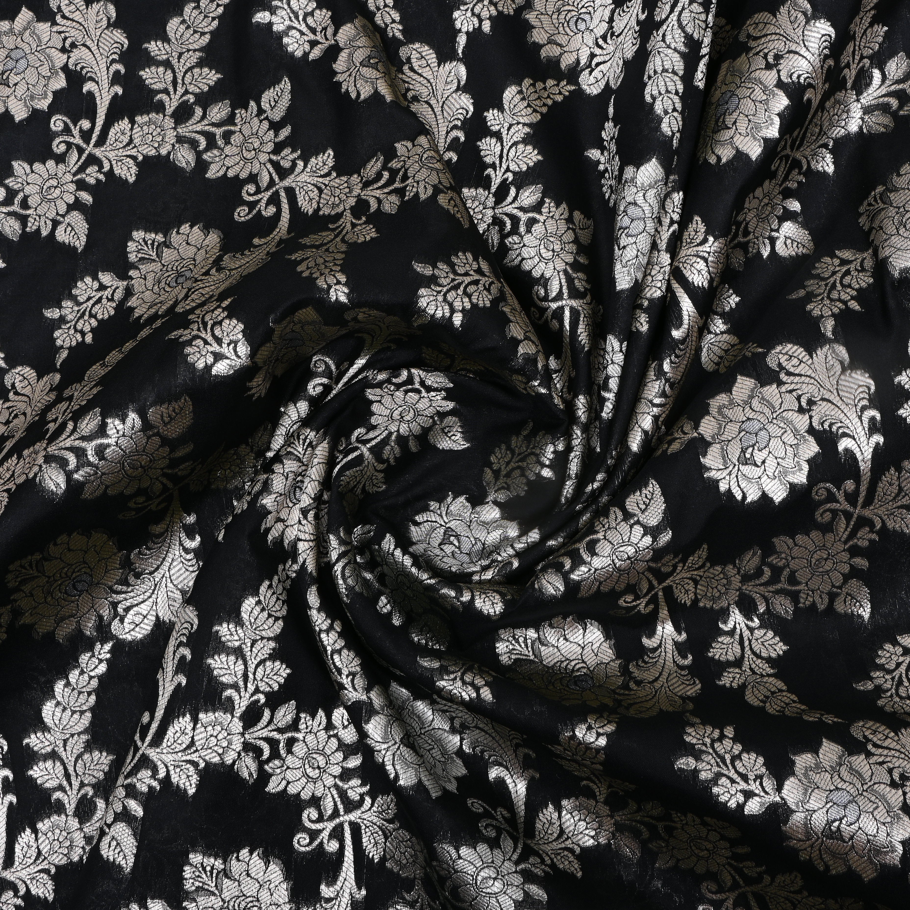 Smoky Black Floral Zari Weave Jamawar Silk Fabric