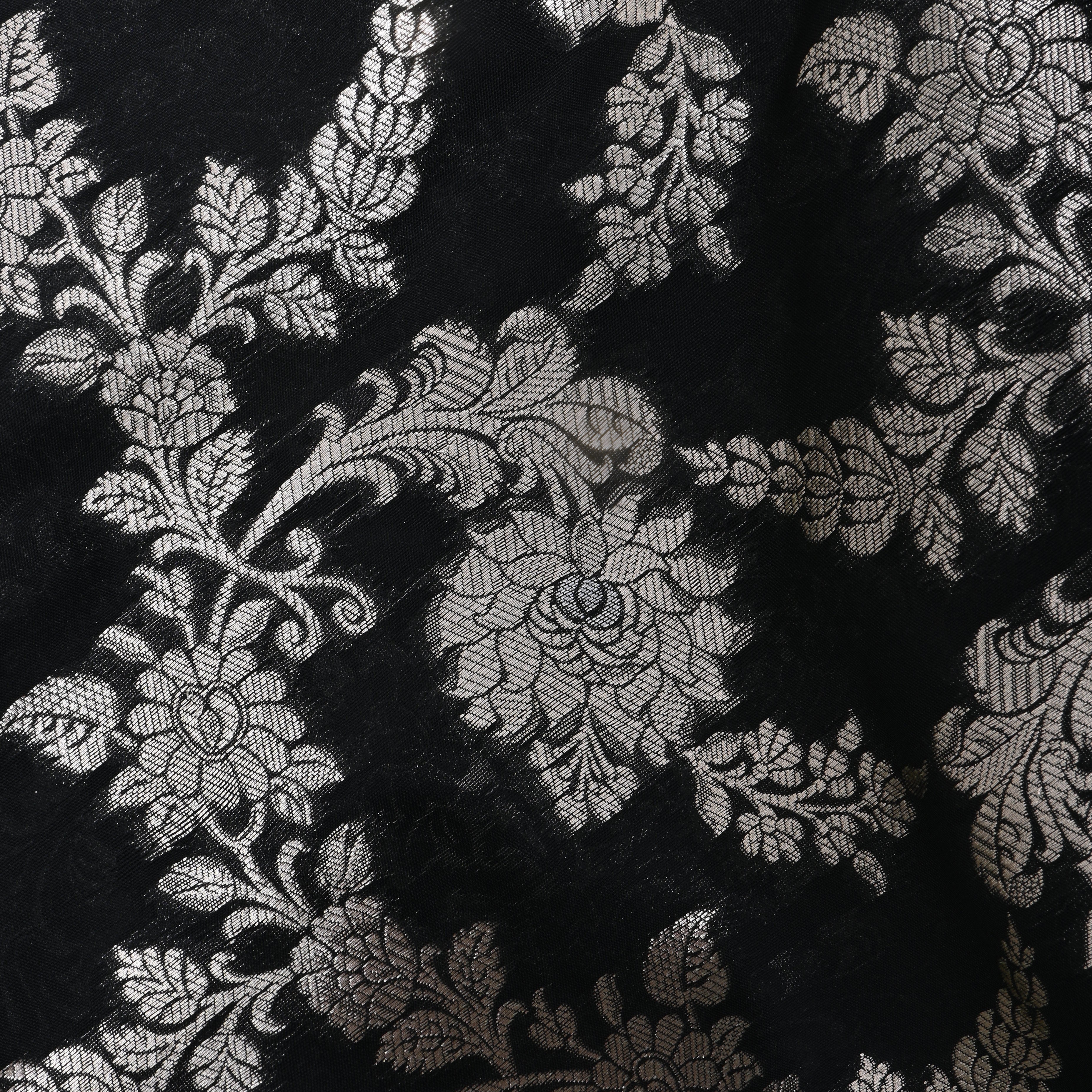 Smoky Black Floral Zari Weave Jamawar Silk Fabric