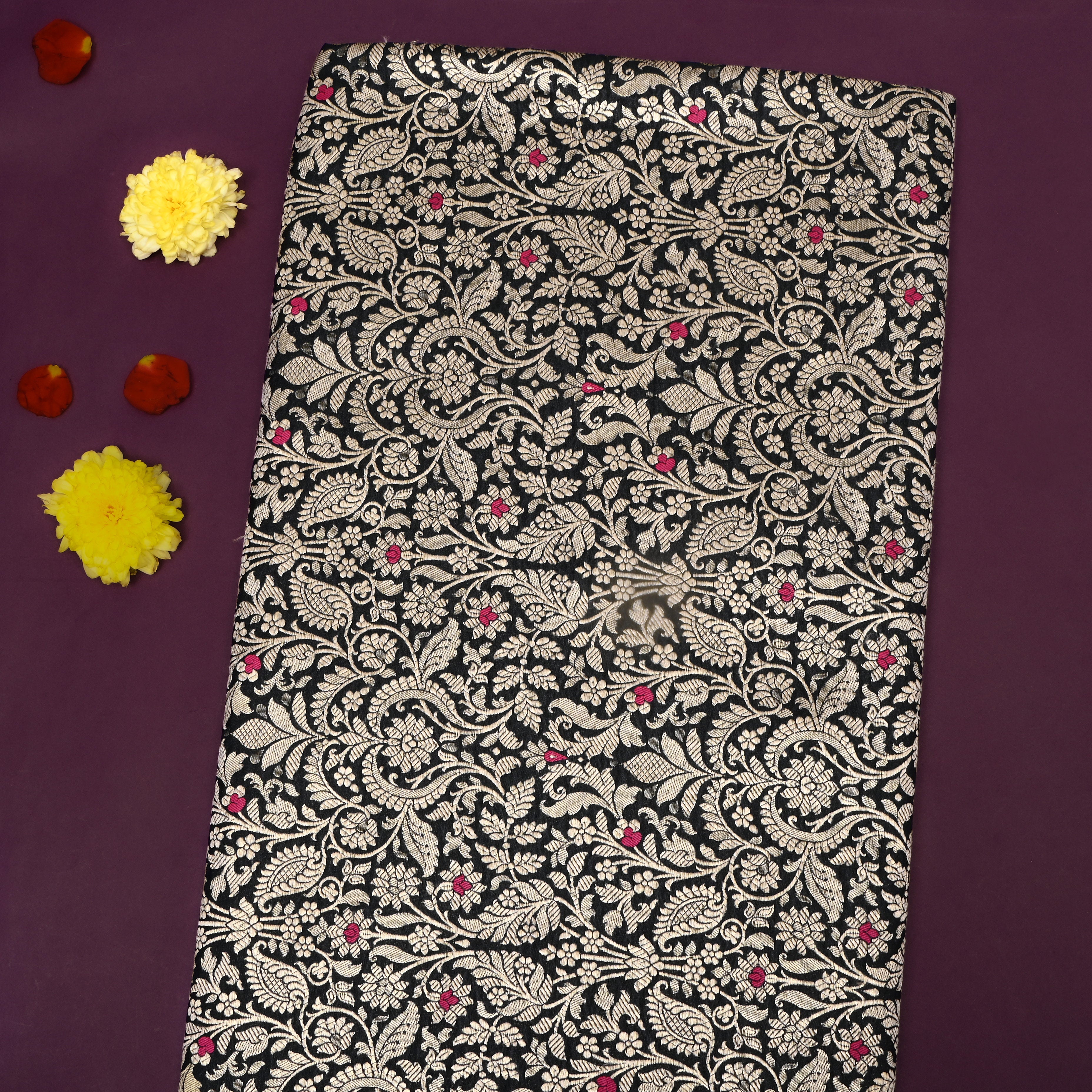 Matt Black Floral Zari Weave Jamawar Silk Fabric