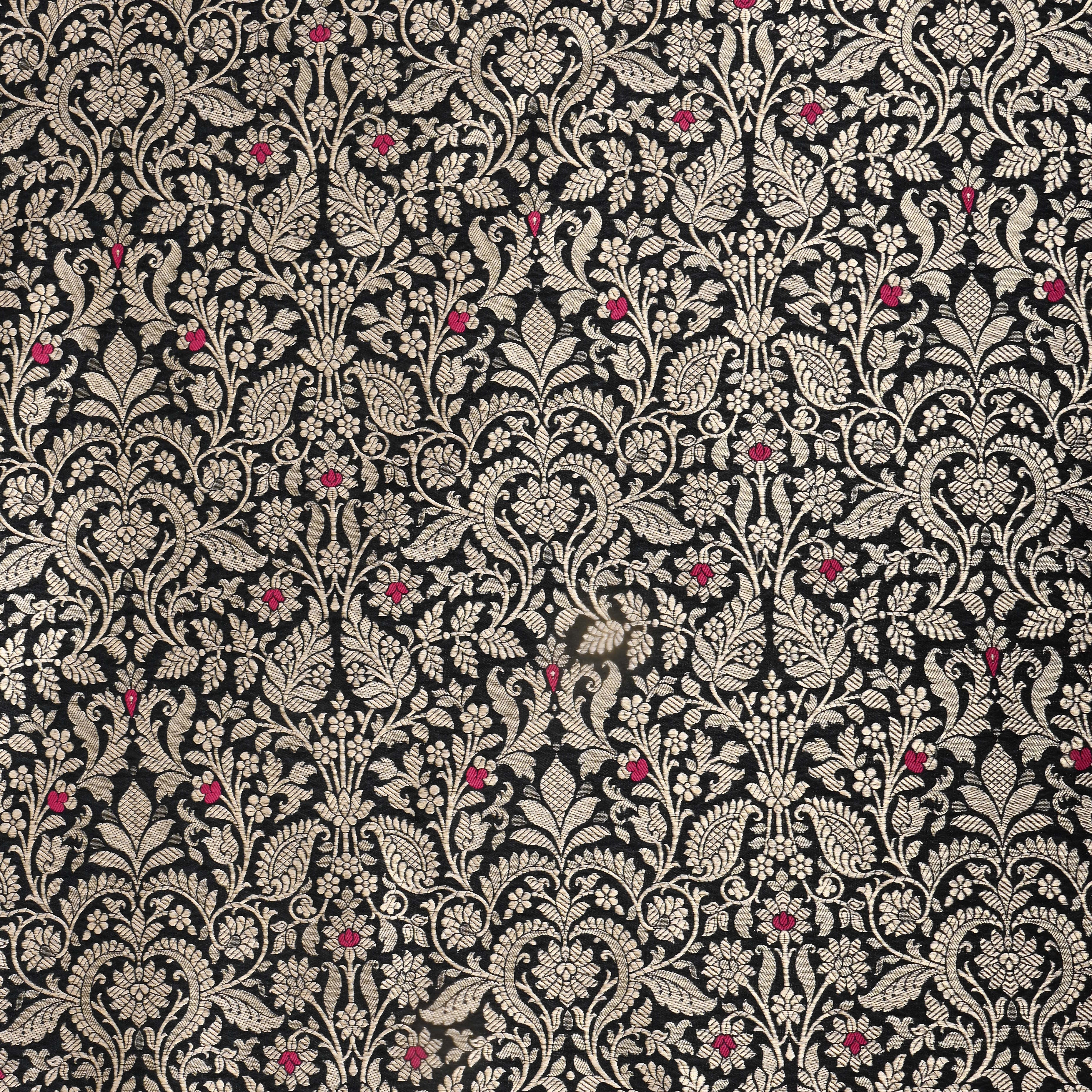 Matt Black Floral Zari Weave Jamawar Silk Fabric