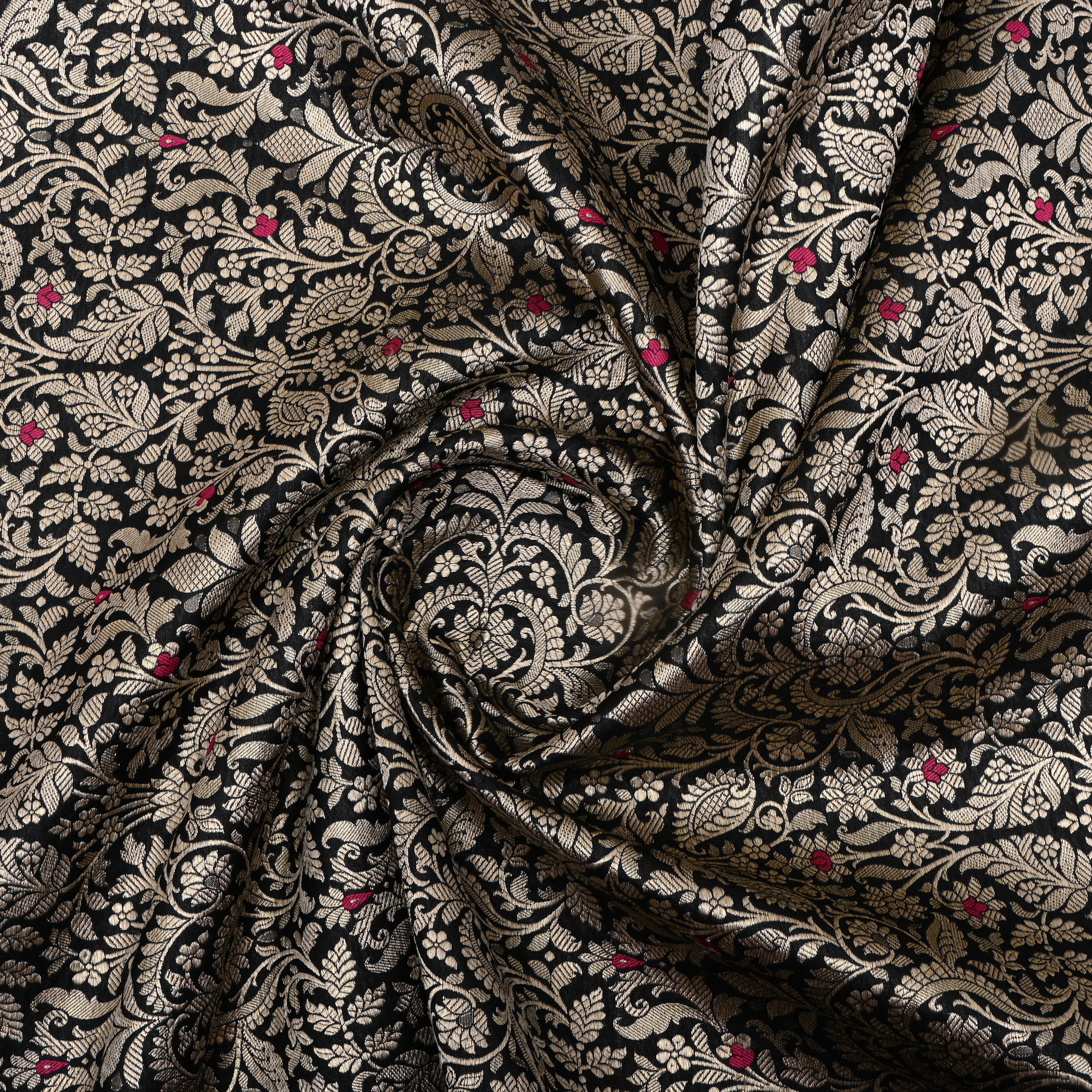 Matt Black Floral Zari Weave Jamawar Silk Fabric