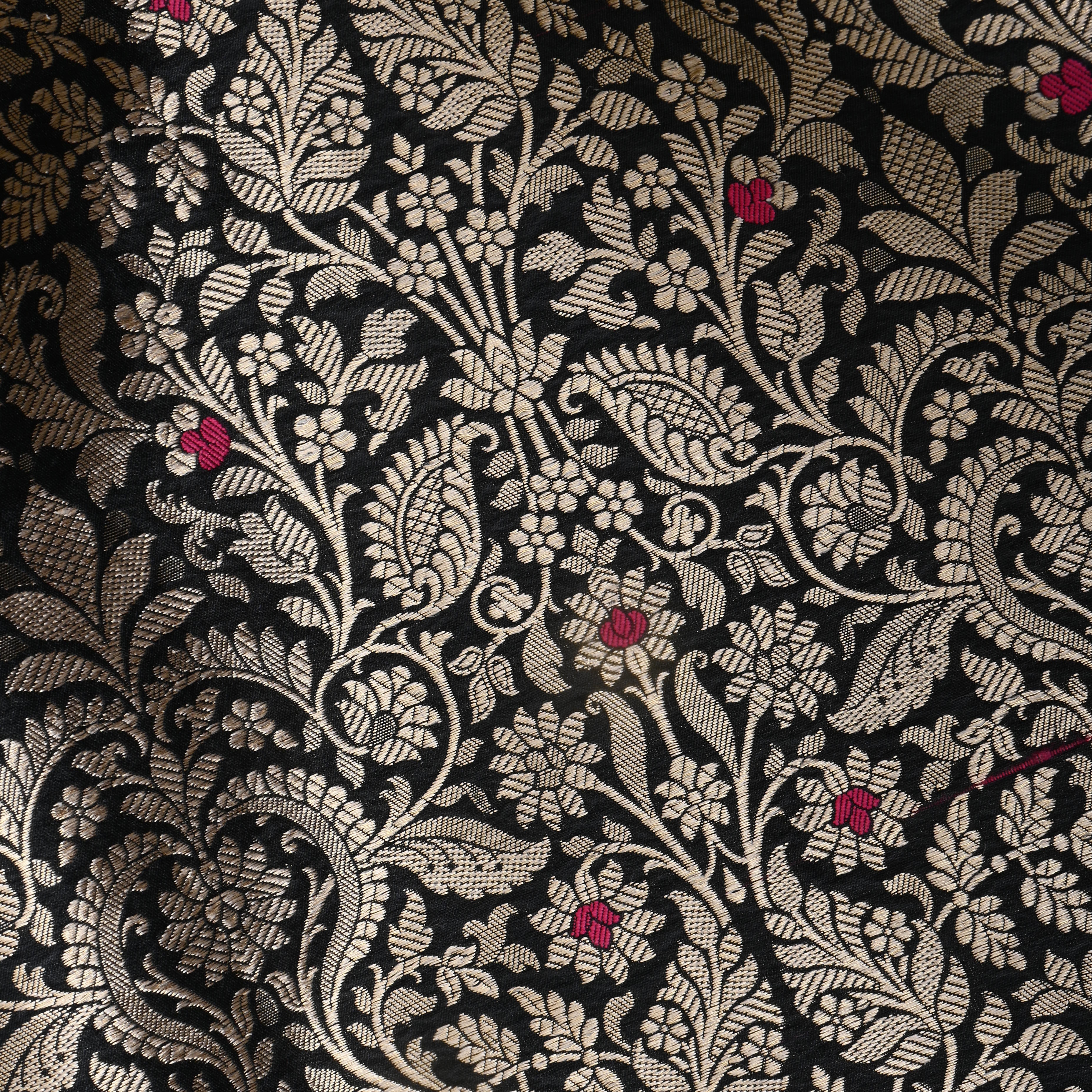 Matt Black Floral Zari Weave Jamawar Silk Fabric
