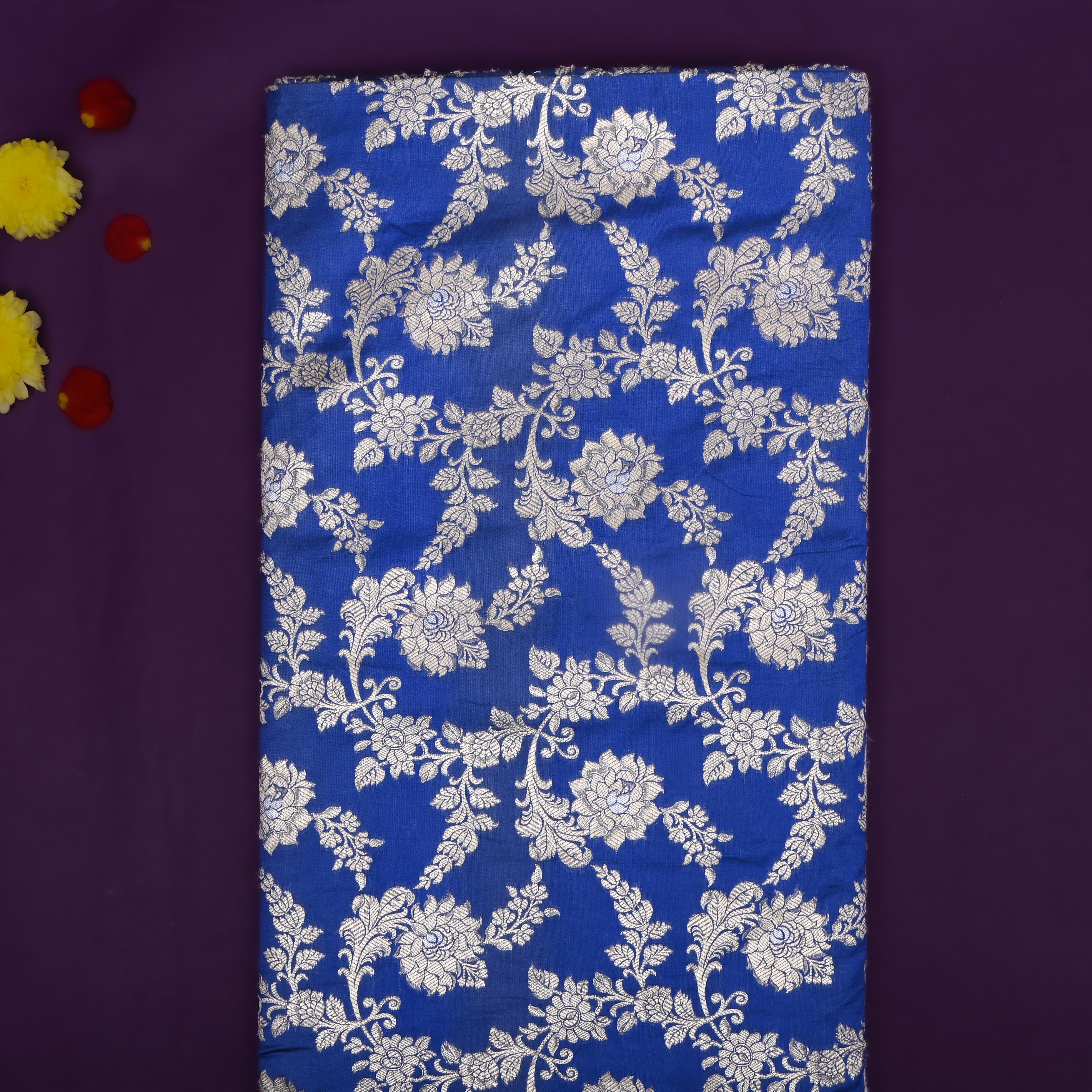 Cobalt Blue Floral Zari Woven Jamawar Silk Fabric