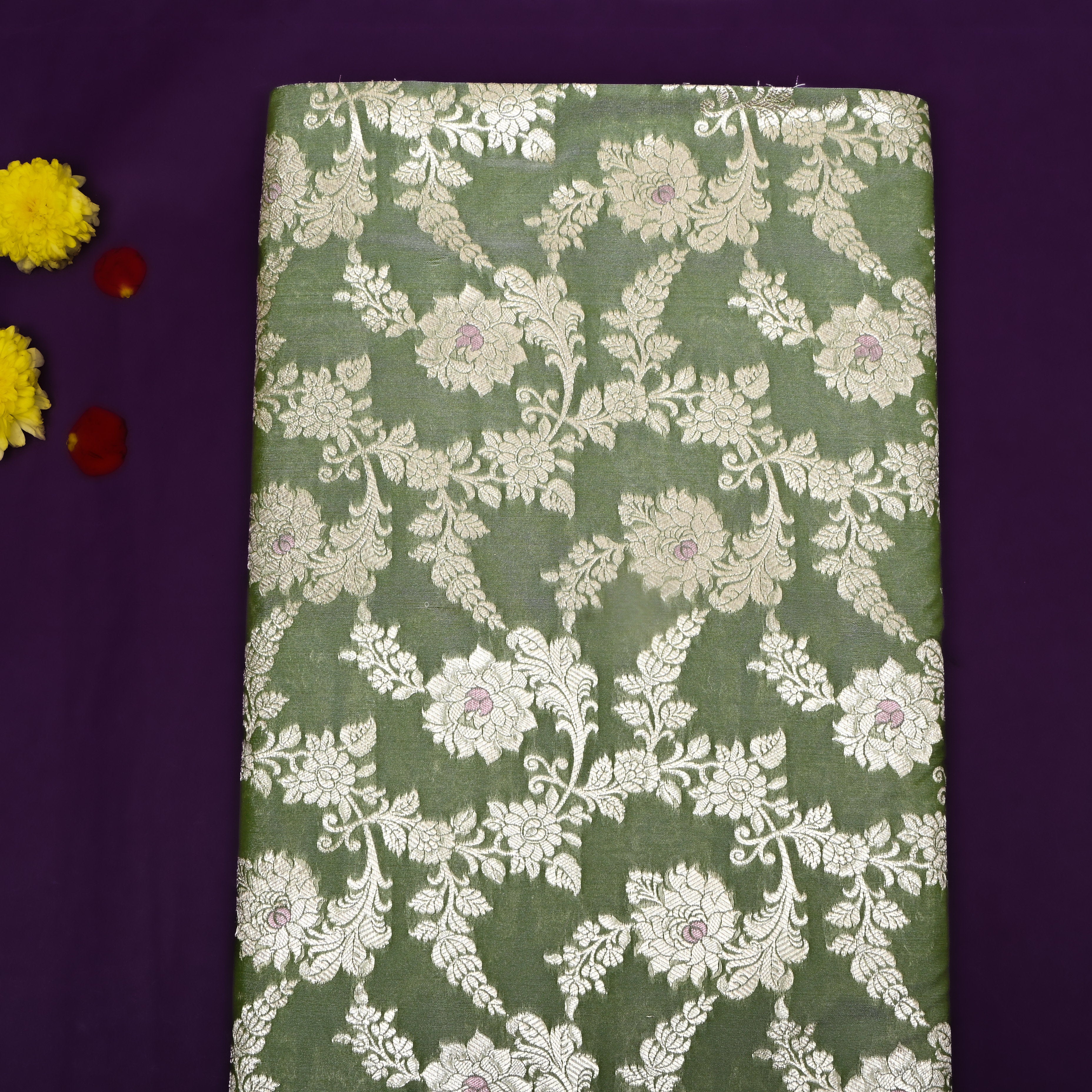 Earthy Green Floral Zari Woven Jamawar Silk Fabric