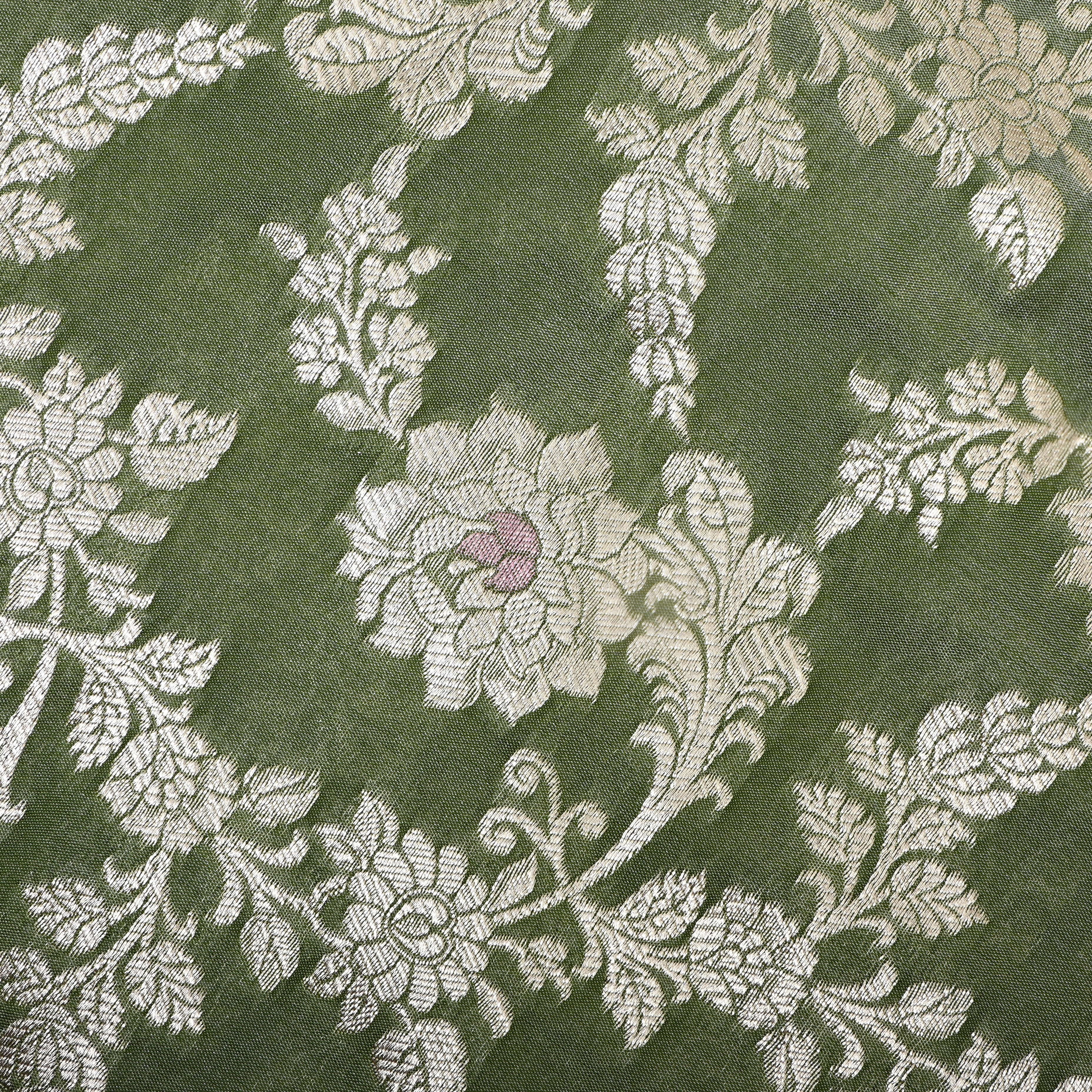Earthy Green Floral Zari Woven Jamawar Silk Fabric