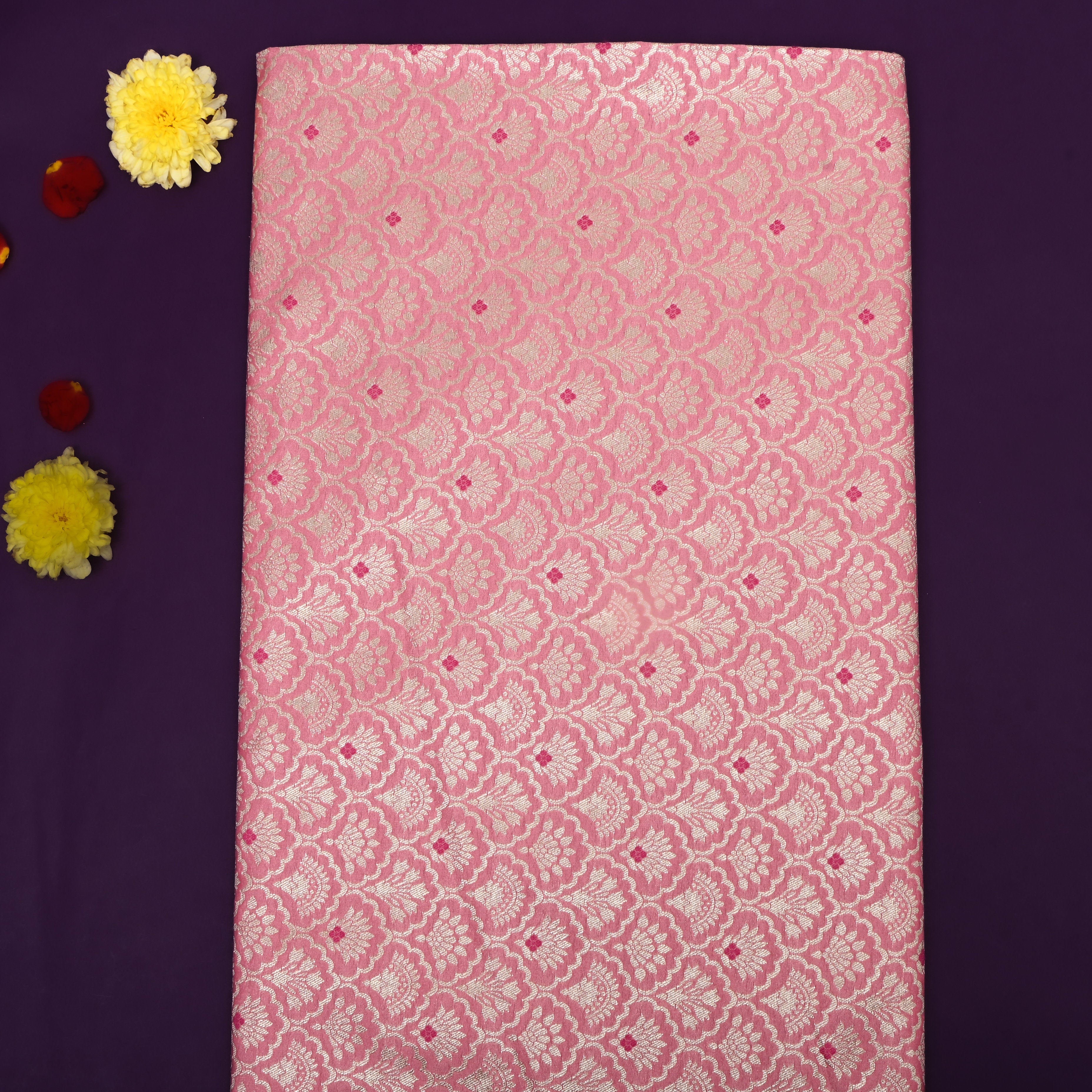 Taffy Pink Jamawar Weave Floral Silk Fabric