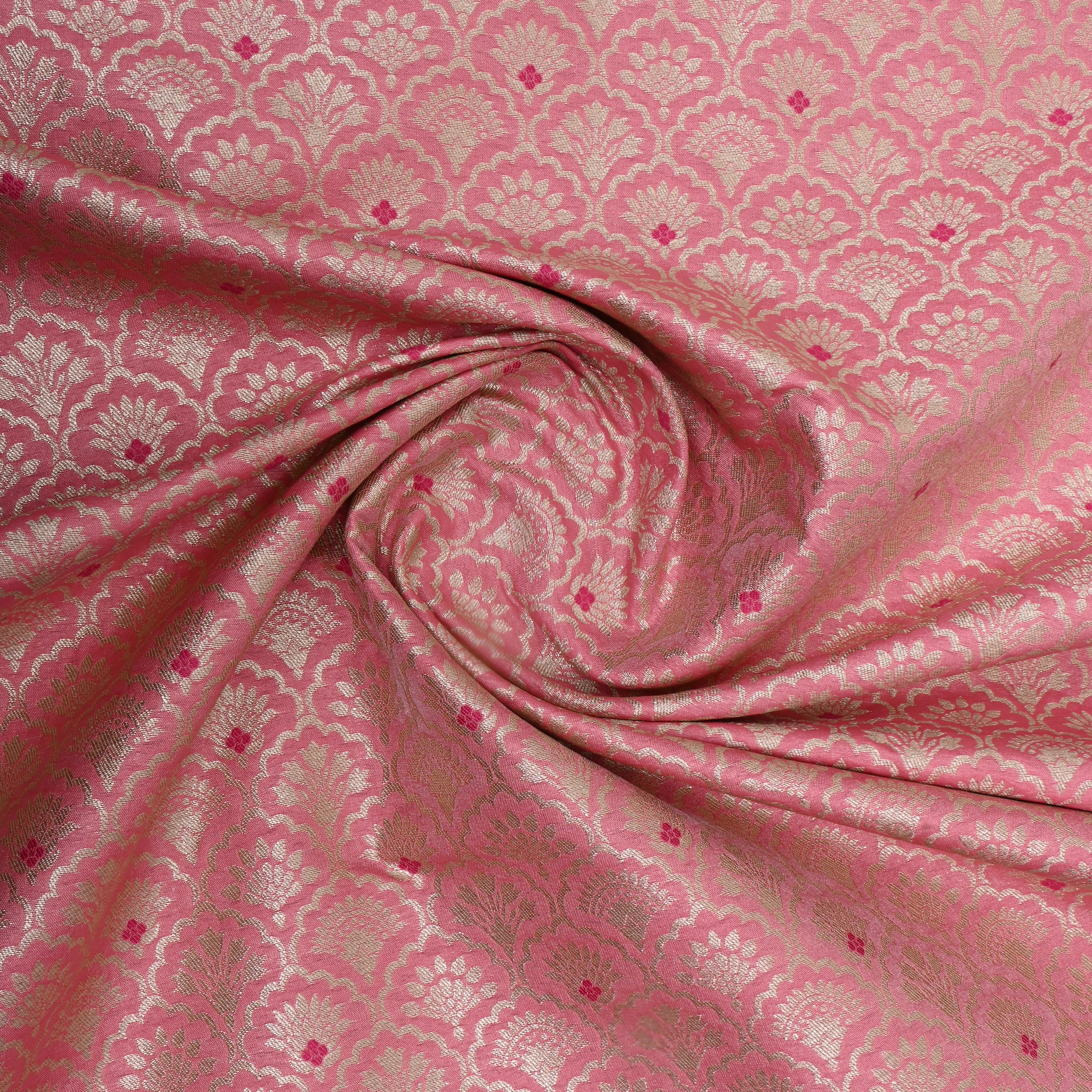Taffy Pink Jamawar Weave Floral Silk Fabric