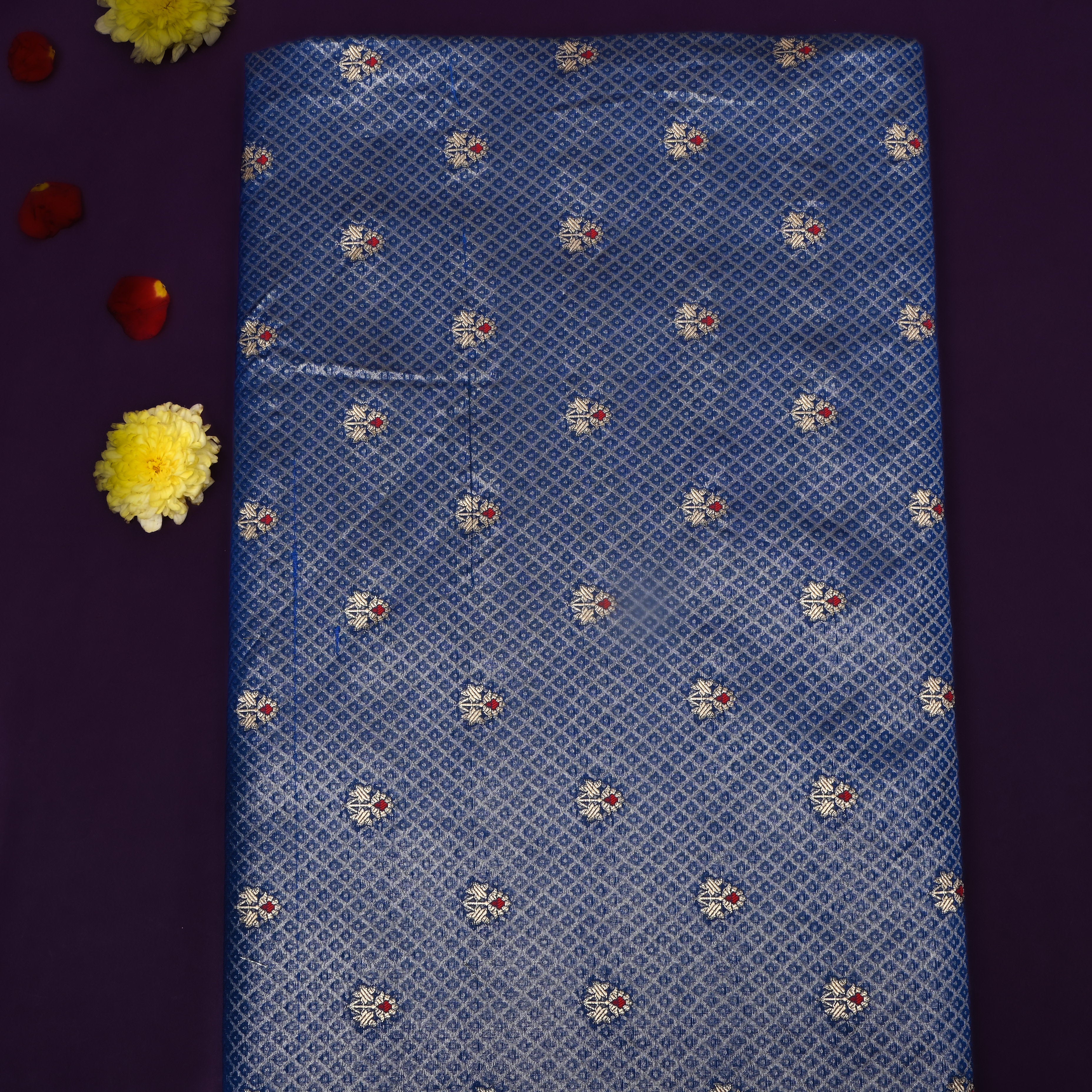 Rich Blue Floral Jamawar Silk Fabric