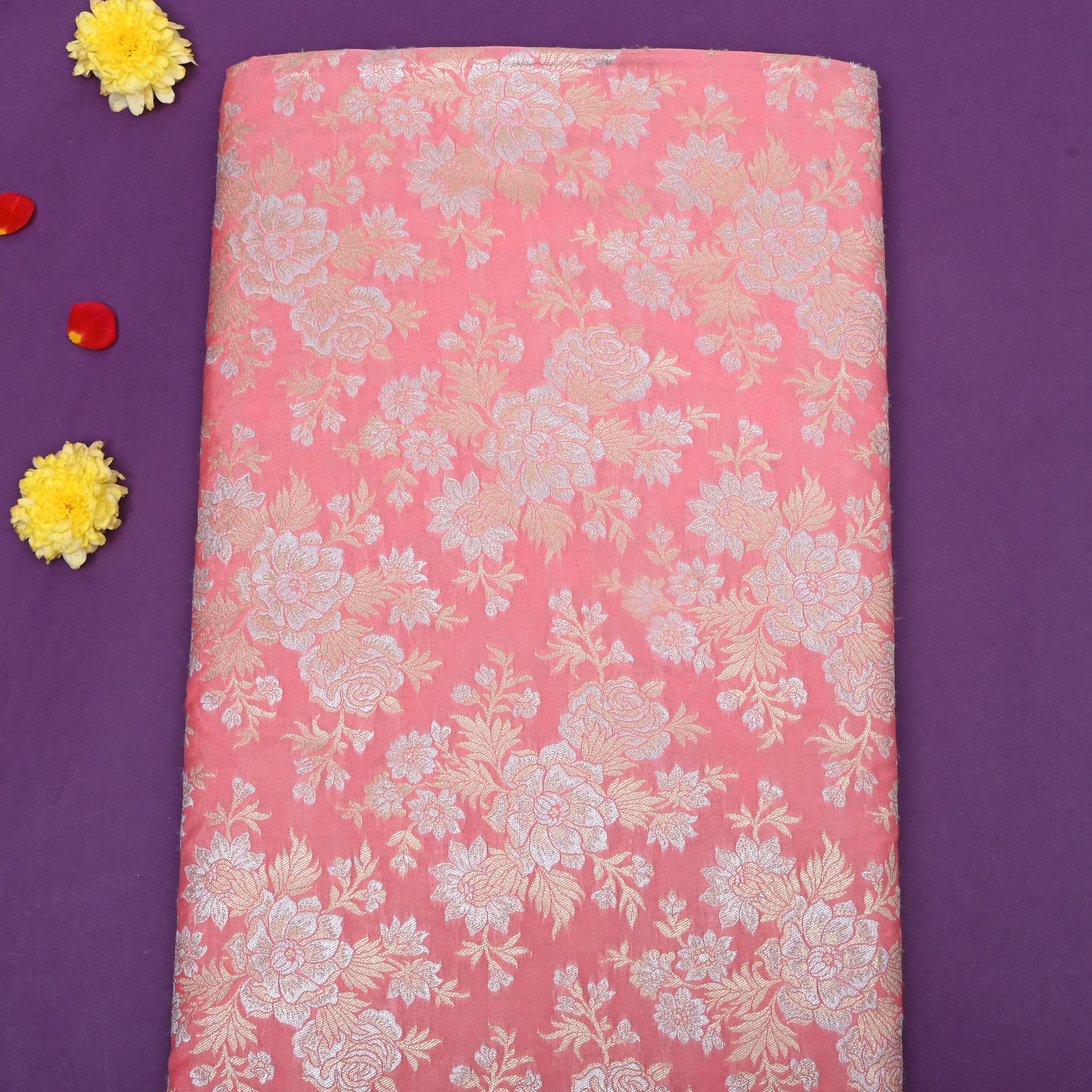 Blush Pink Floral Zari Woven Jamawar Silk Fabric