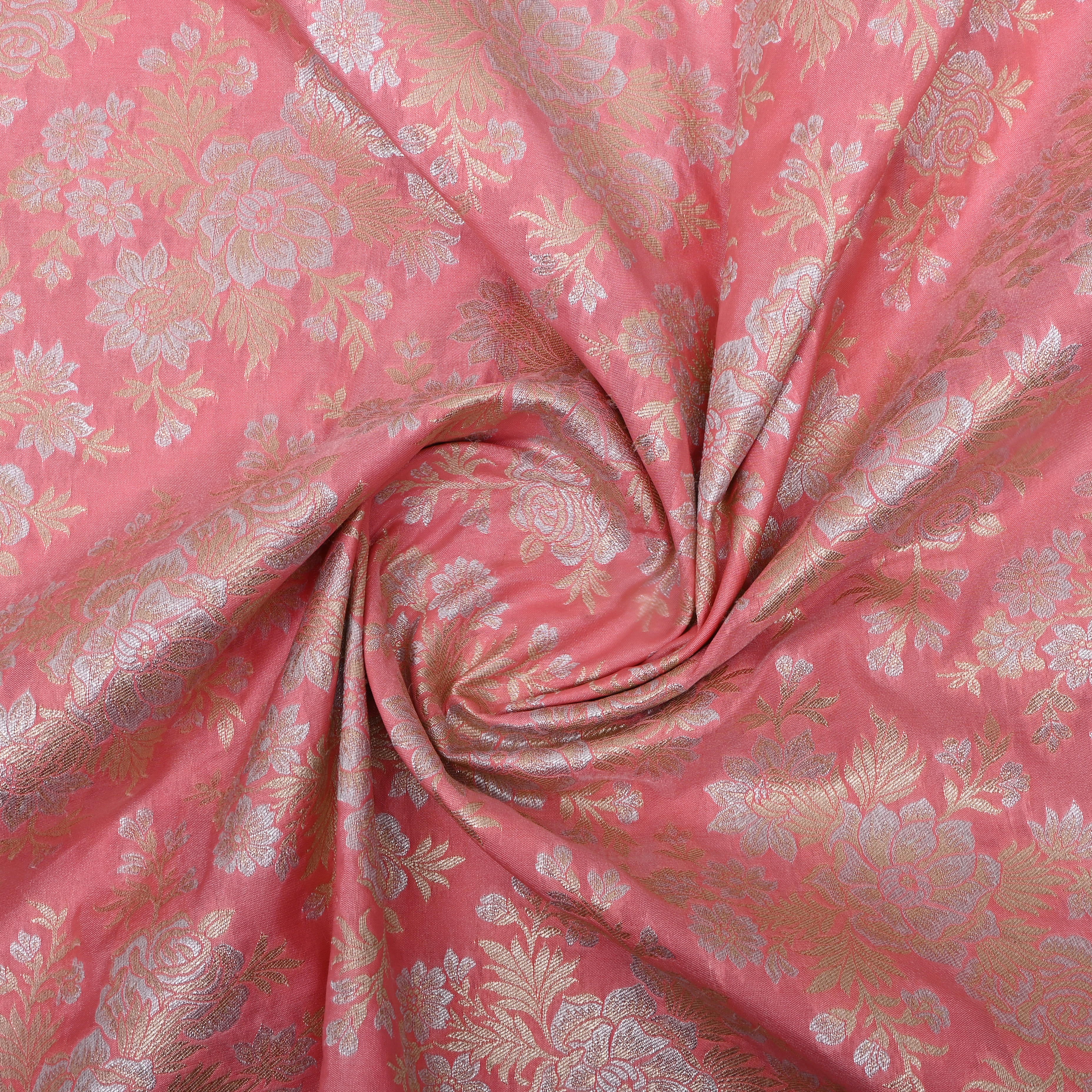 Blush Pink Floral Zari Woven Jamawar Silk Fabric