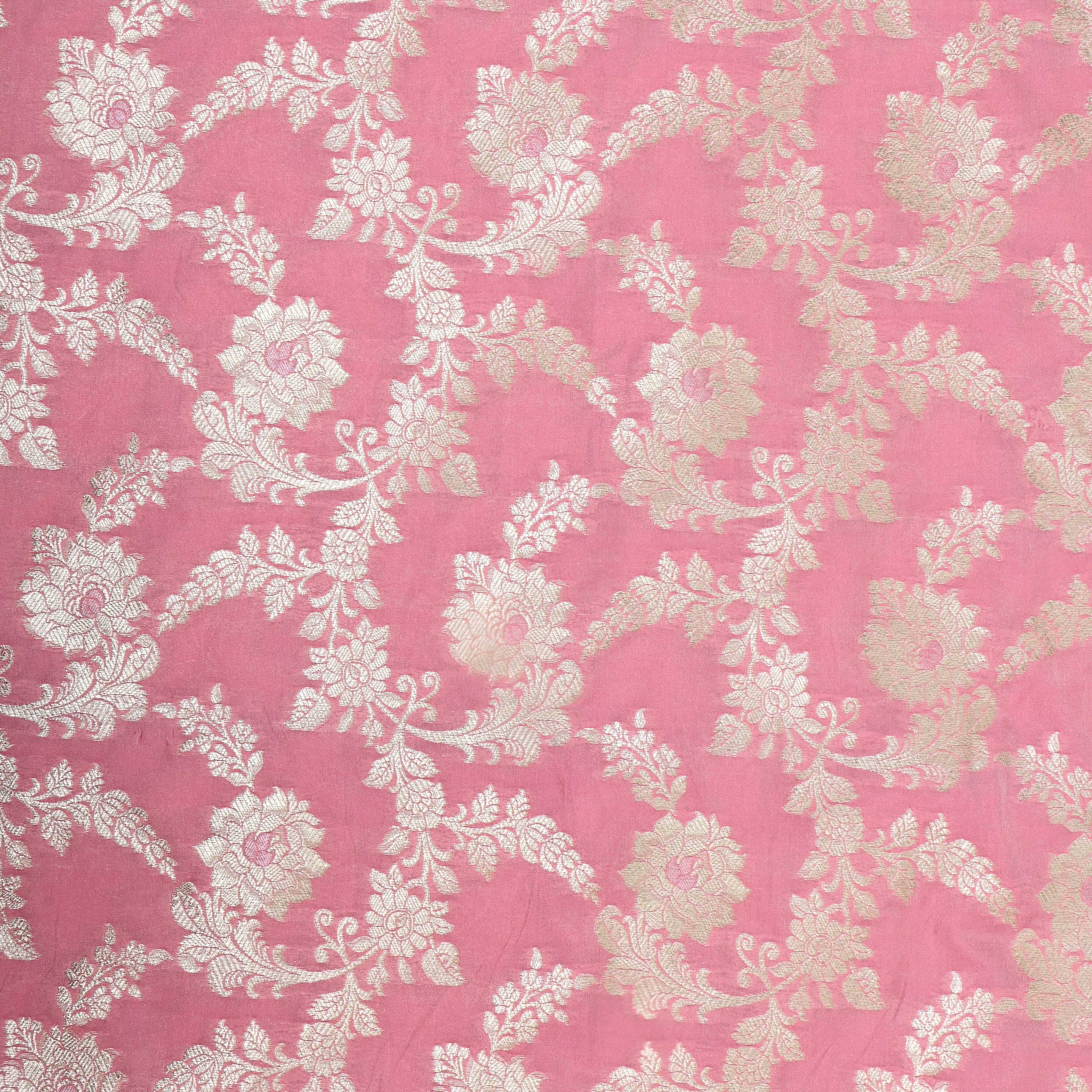 Flamingo Pink Floral Zari Jamawar Silk Fabric