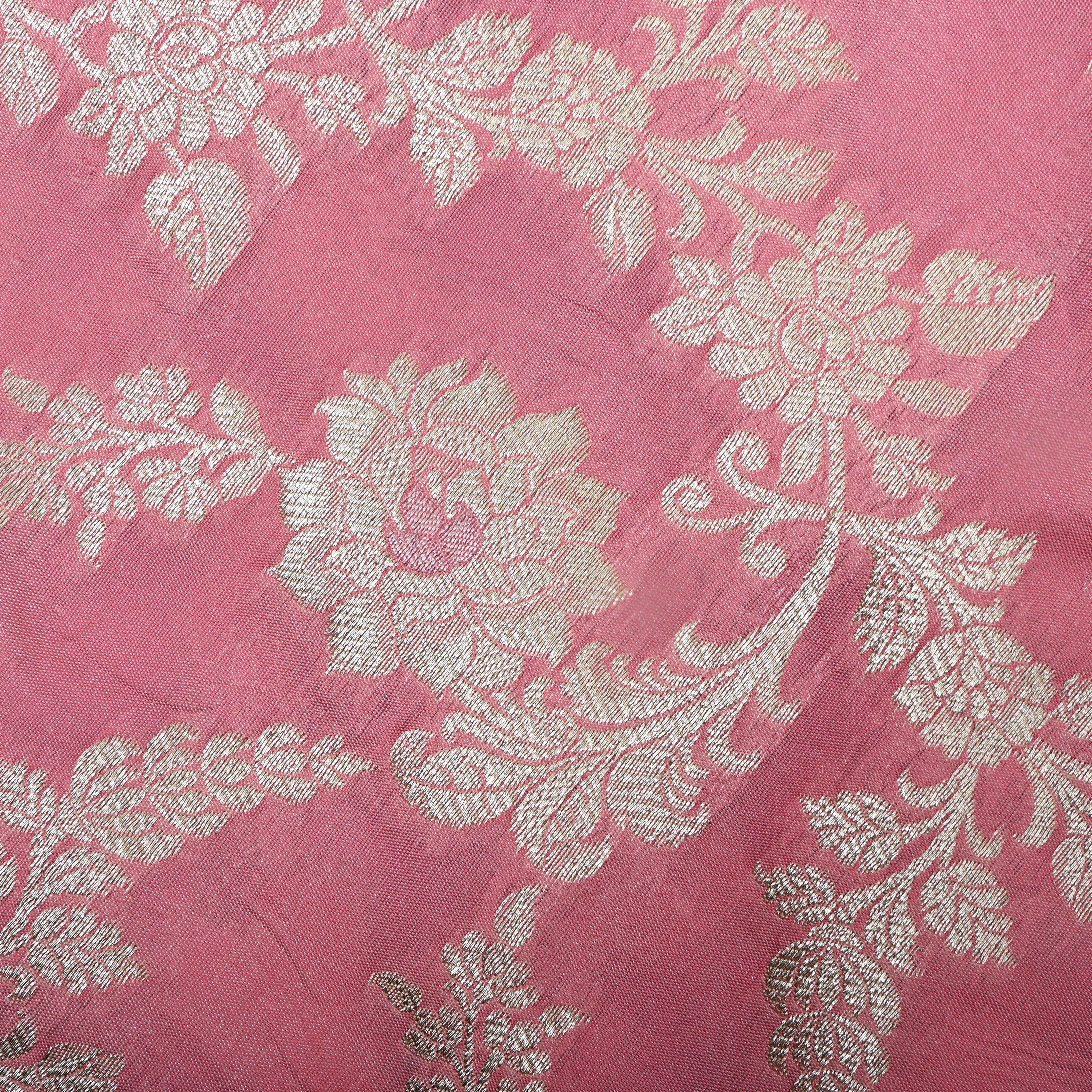 Flamingo Pink Floral Zari Jamawar Silk Fabric