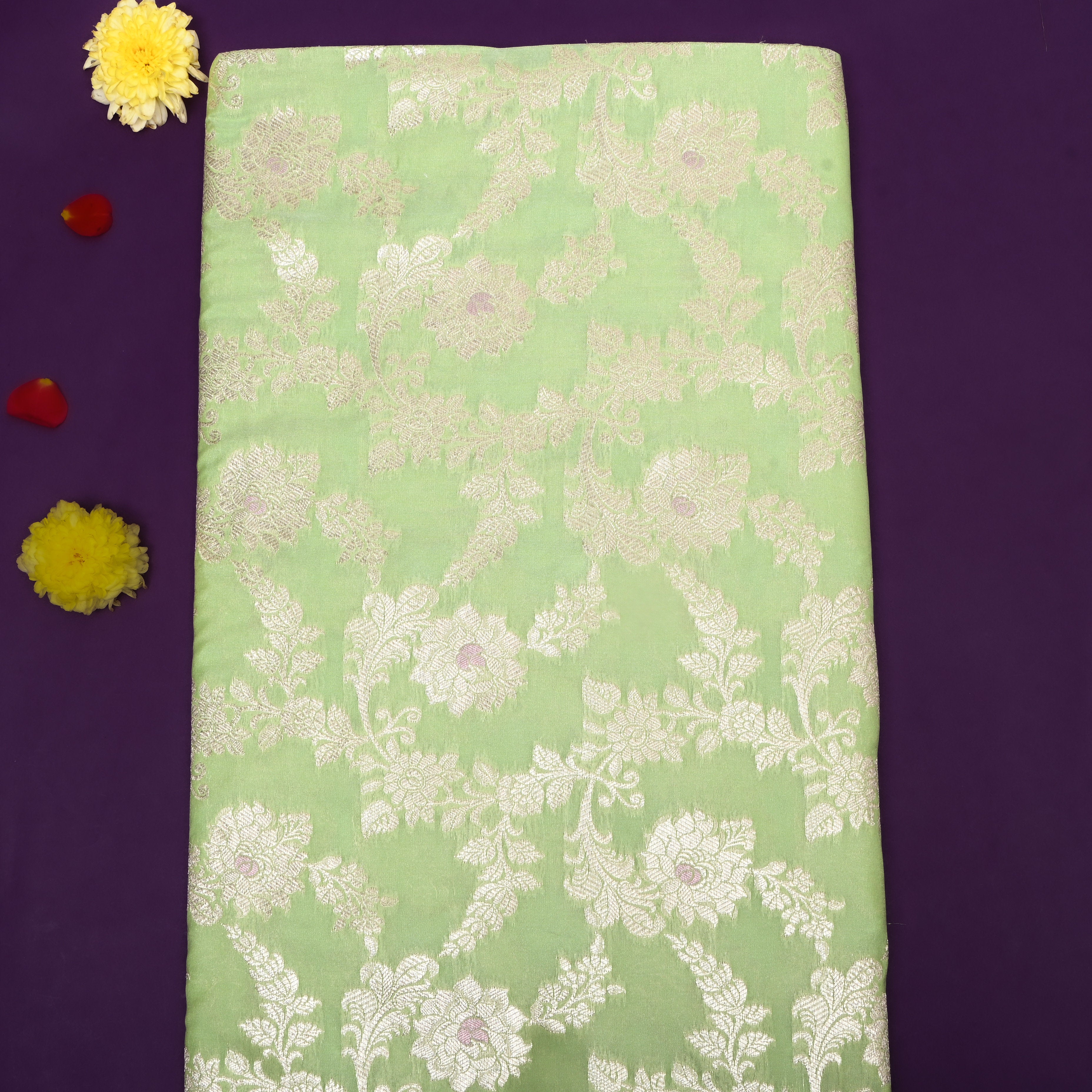 Muted Green Floral Zari Woven Jamawar Silk Fabric