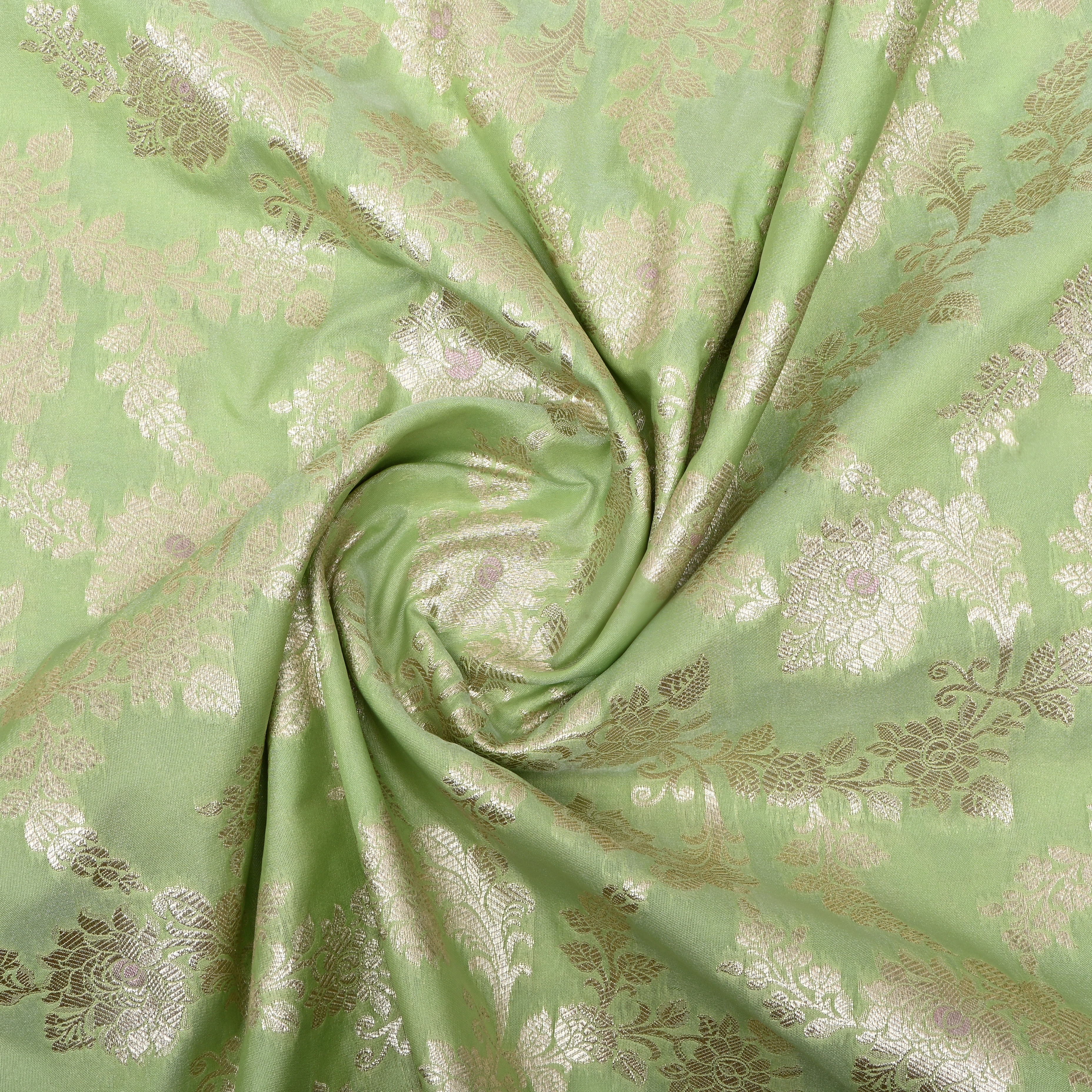 Muted Green Floral Zari Woven Jamawar Silk Fabric