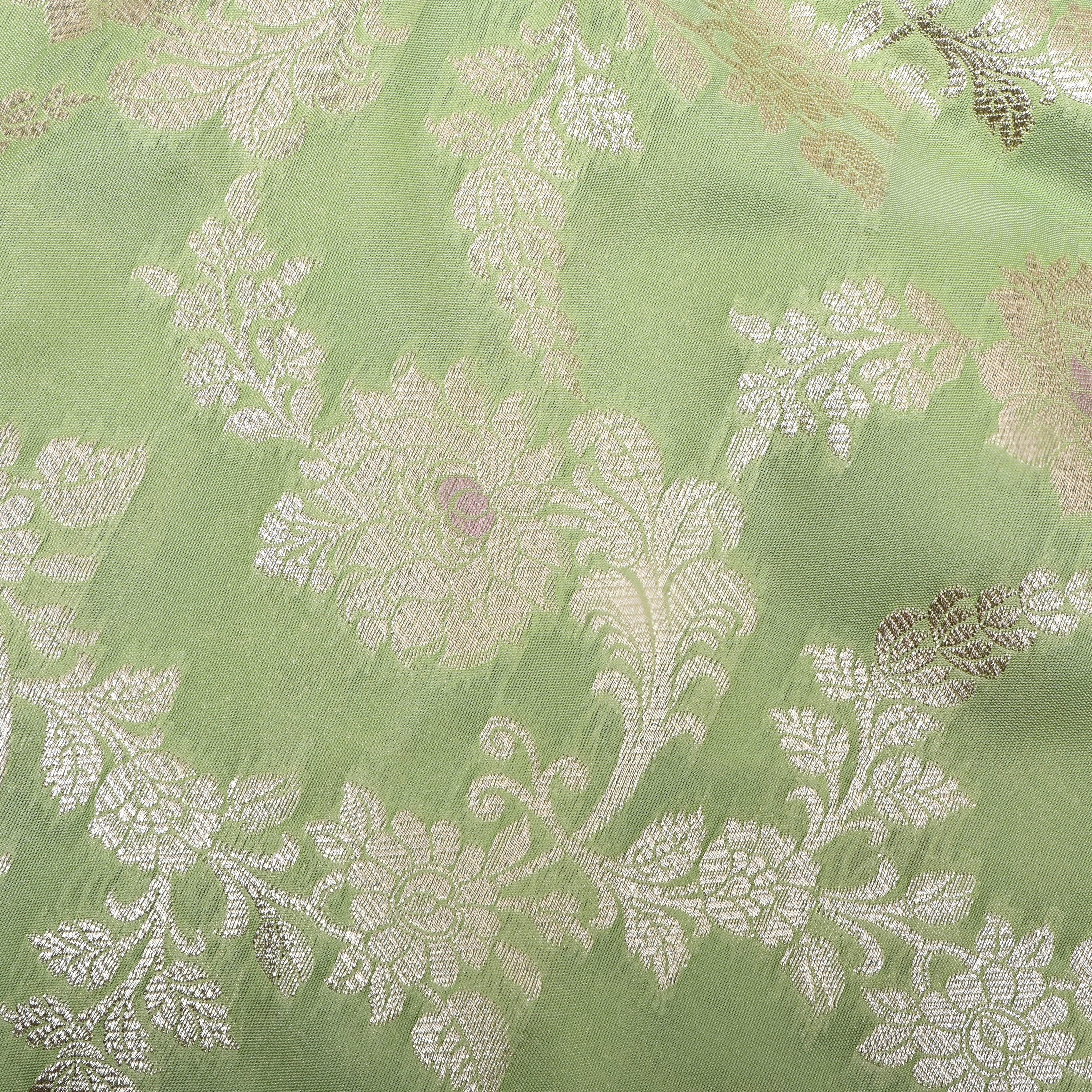 Muted Green Floral Zari Woven Jamawar Silk Fabric