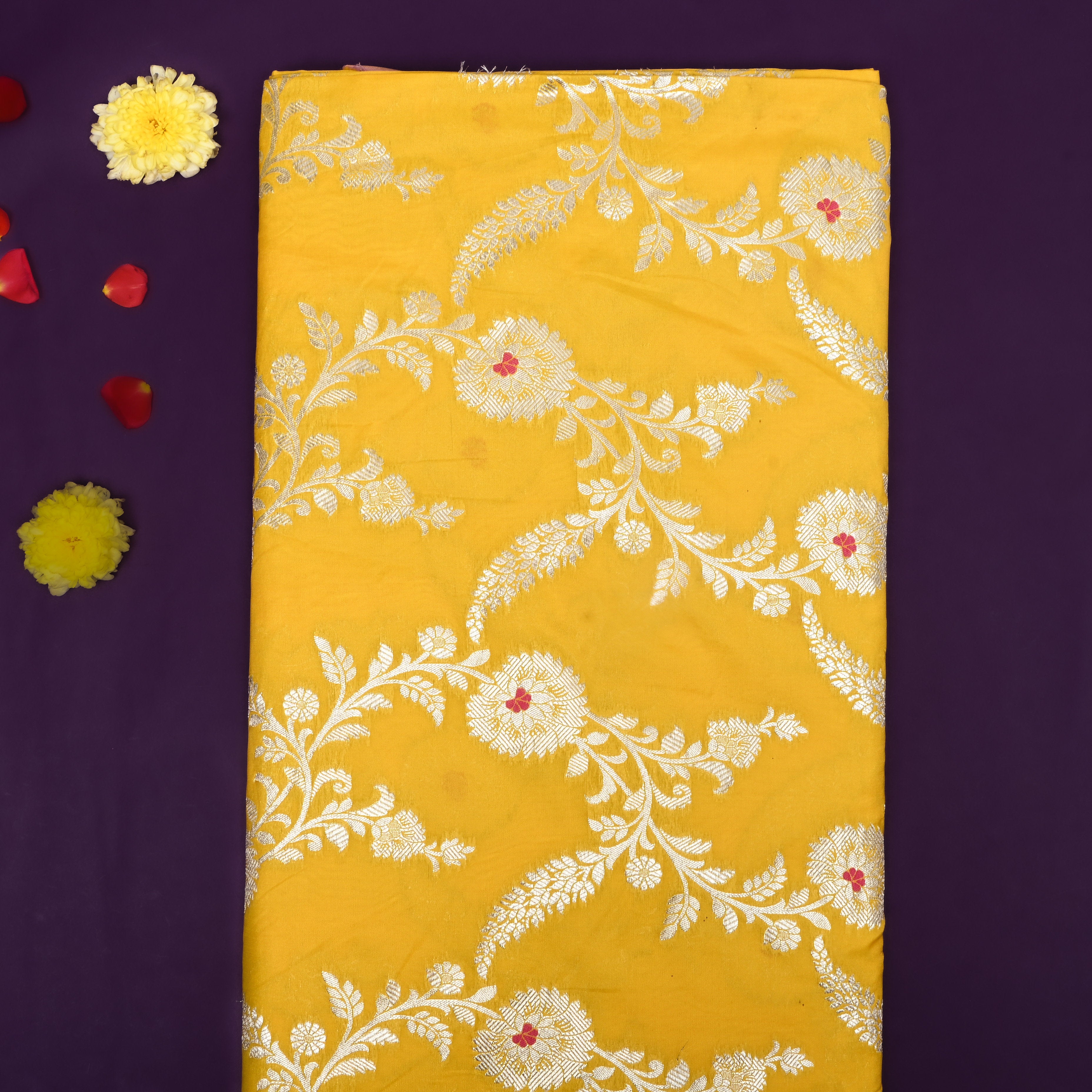 Yellow Floral Zari Woven Jamawar Silk Fabric