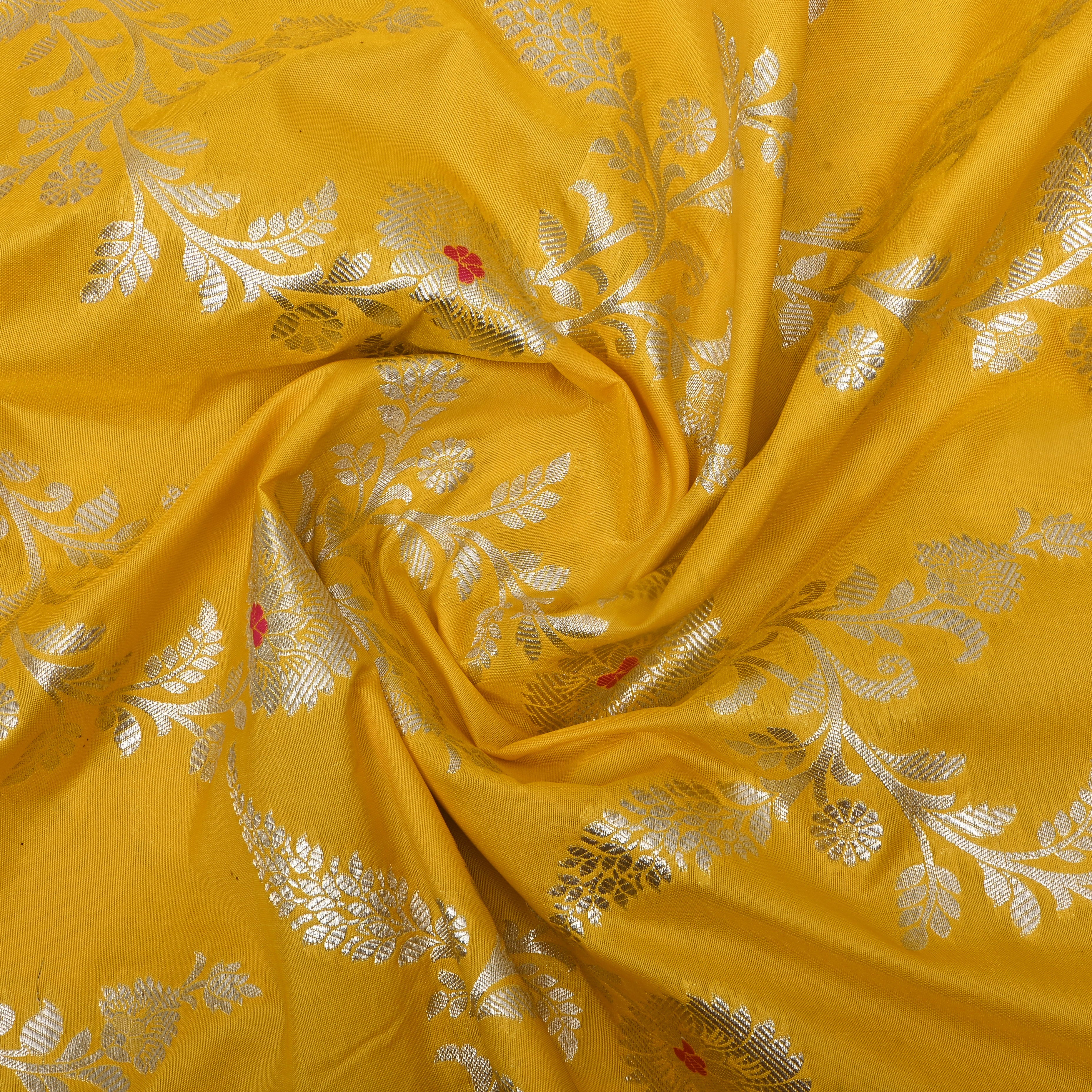 Yellow Floral Zari Woven Jamawar Silk Fabric