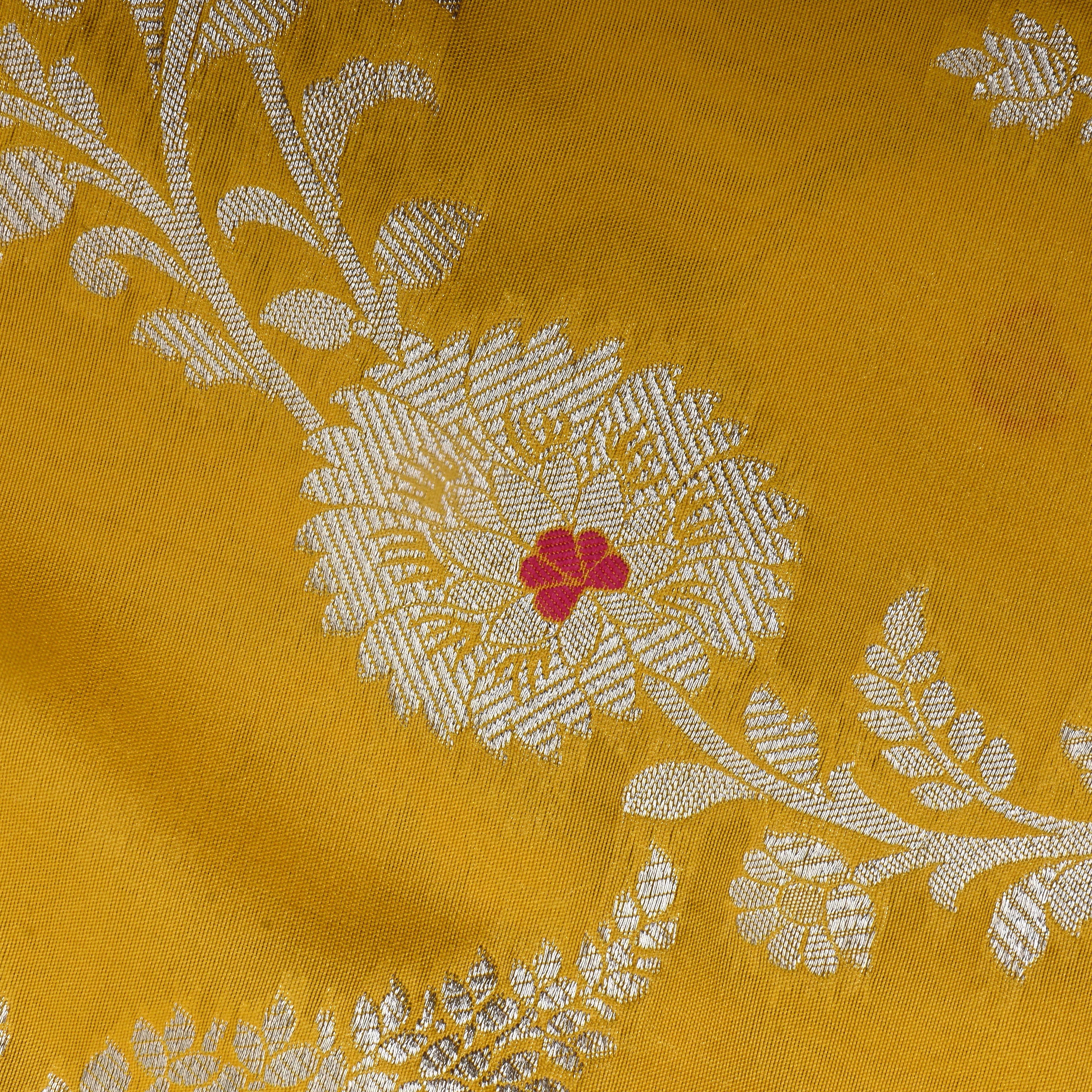 Yellow Floral Zari Woven Jamawar Silk Fabric