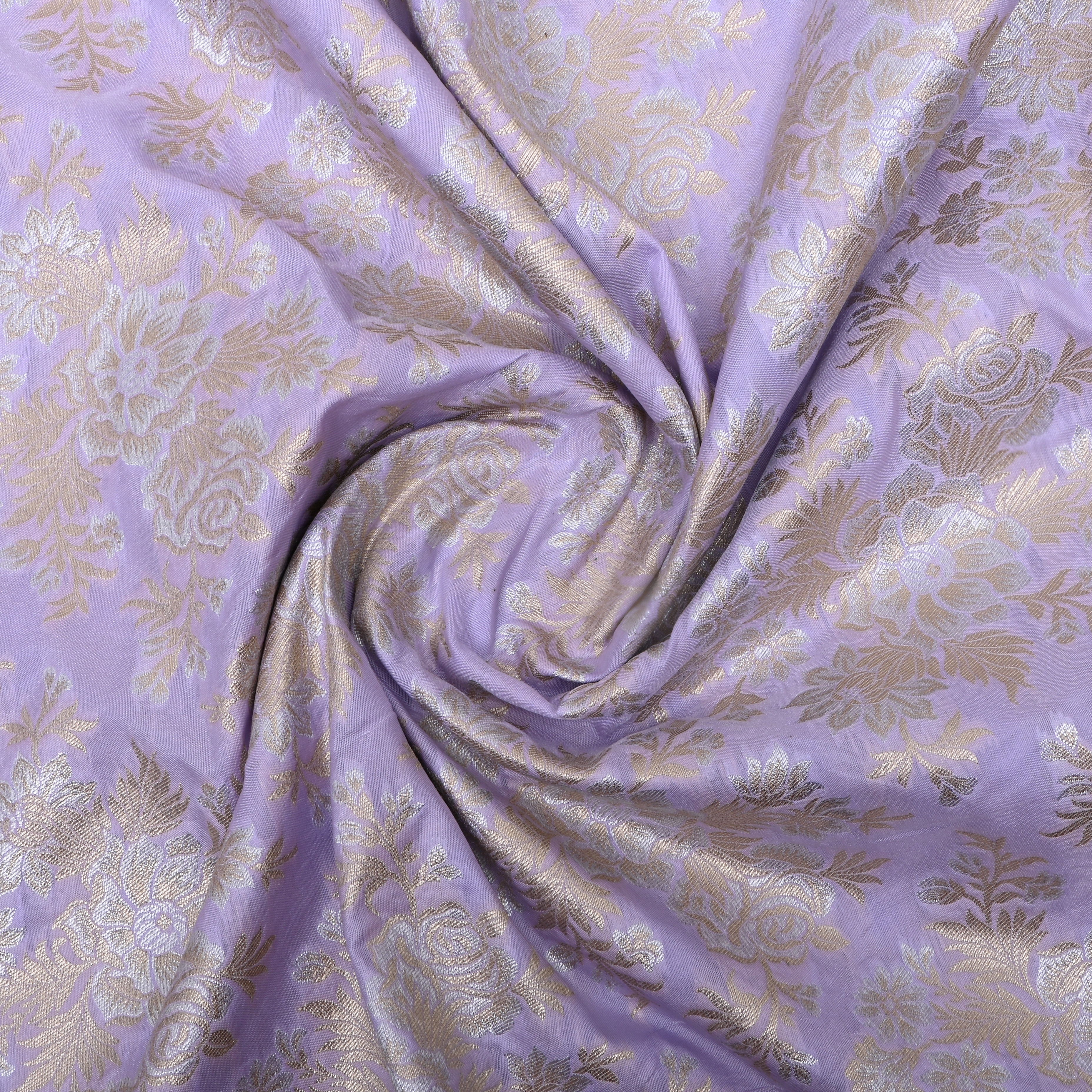 Soft Lilac Floral Zari Woven Jamawar Silk Fabric