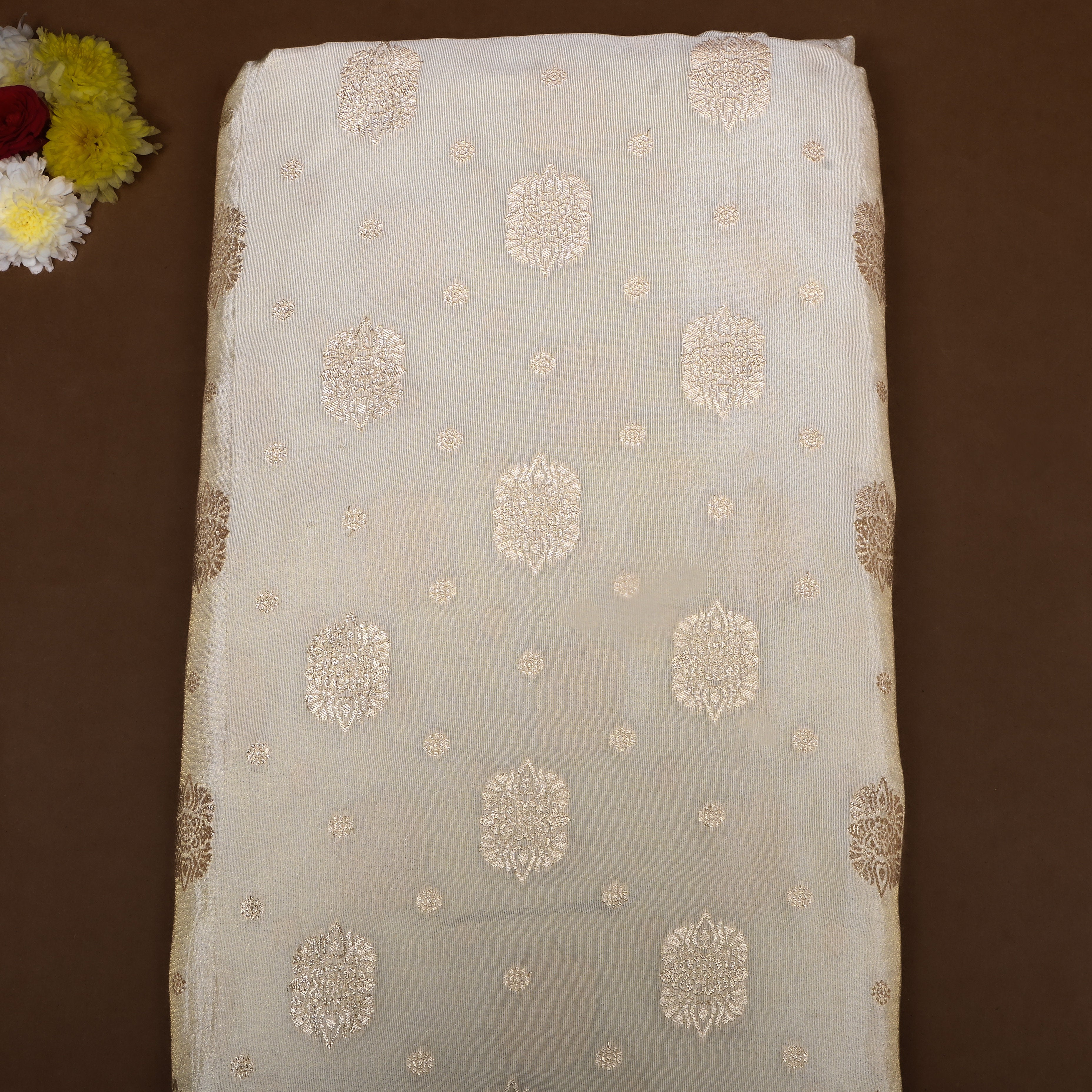 Dusty White Zari Embroidery Tissue Fabric