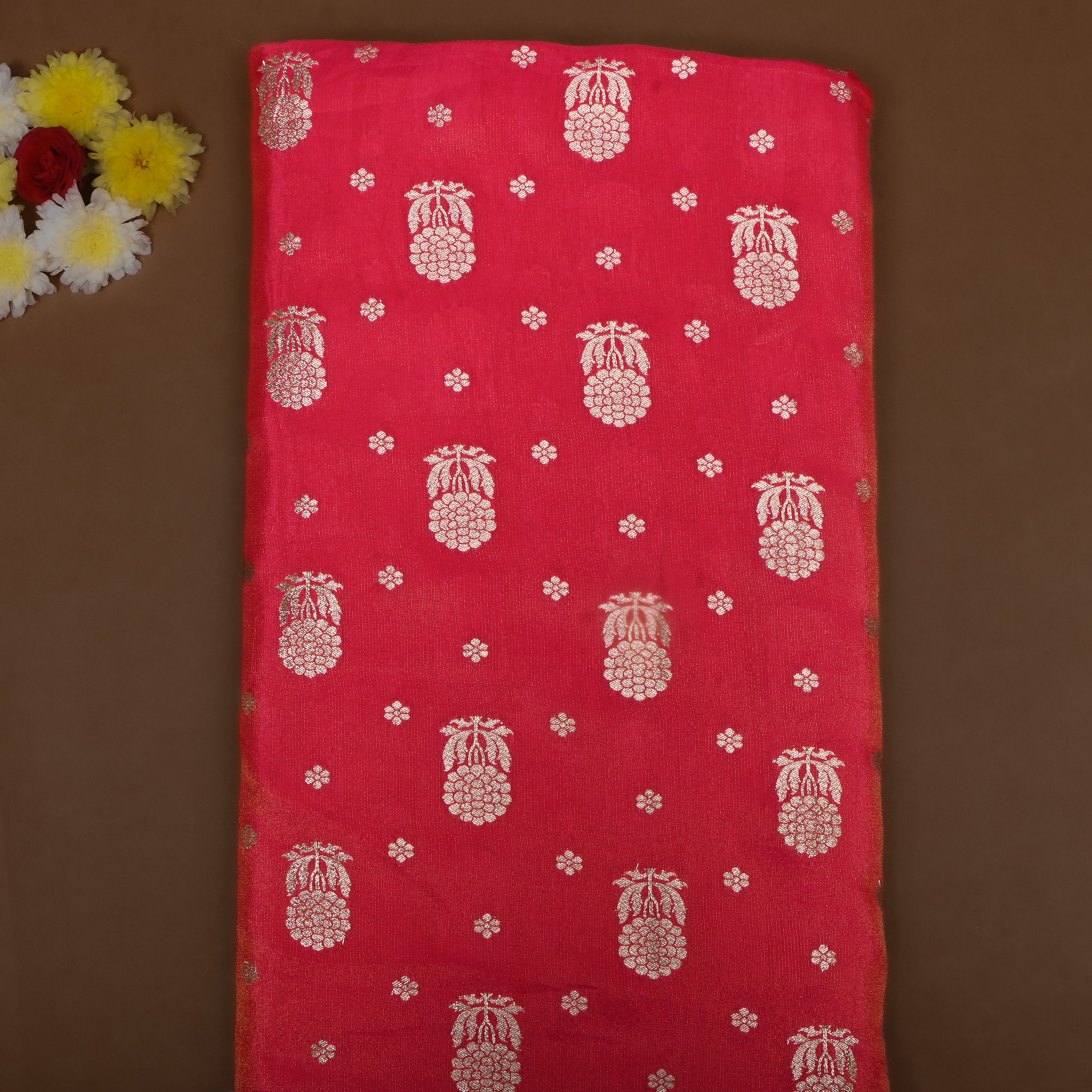 Reddish Pink Floral Jamawar Tissue Fabric